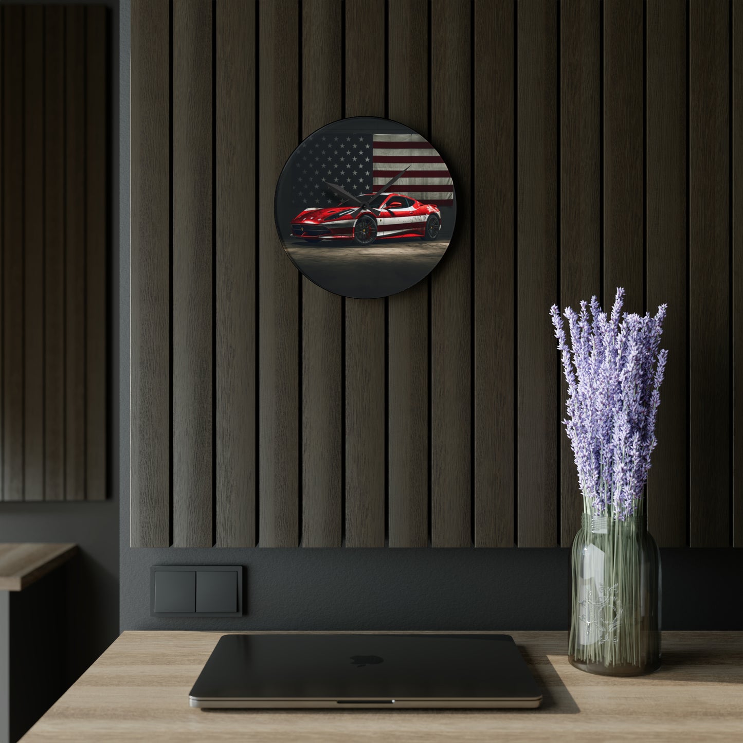 Acrylic Wall Clock American Flag Background Ferrari 1