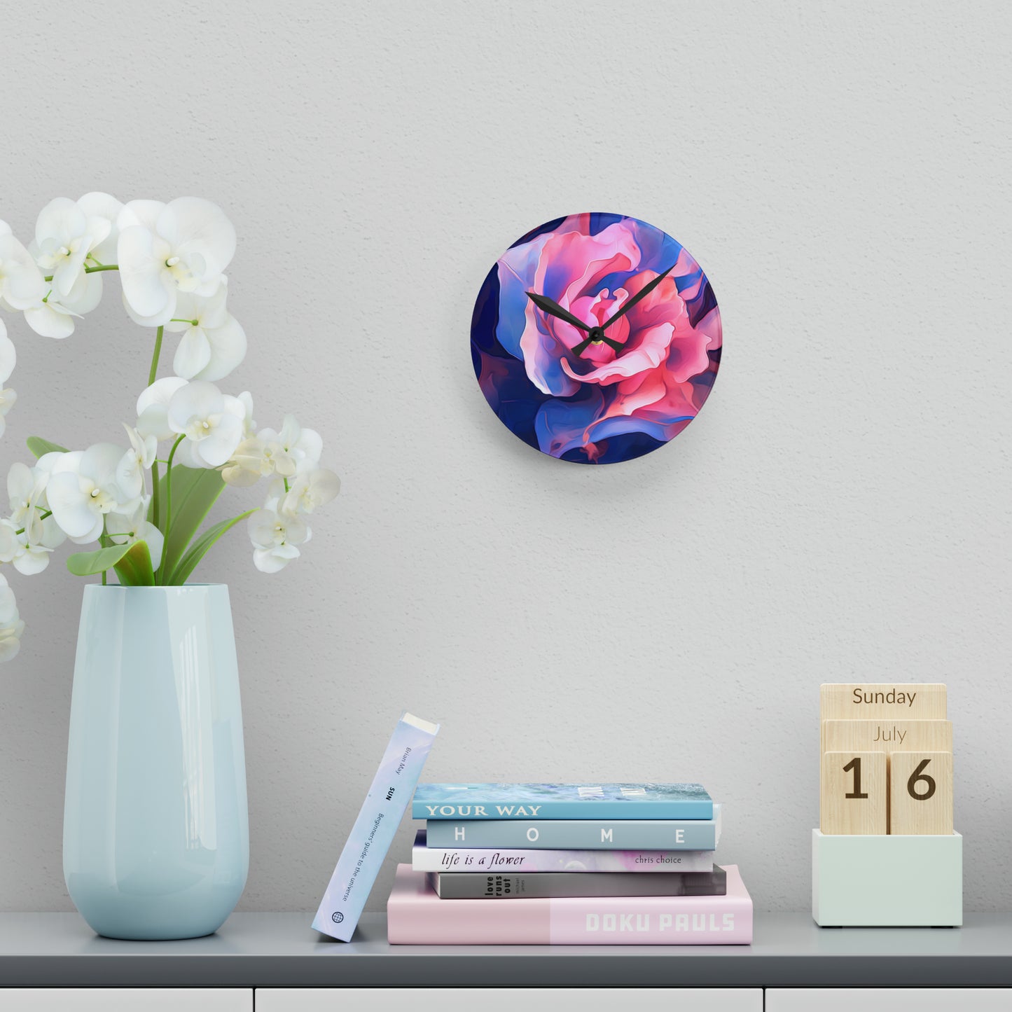 Acrylic Wall Clock Pink & Blue Tulip Rose 1