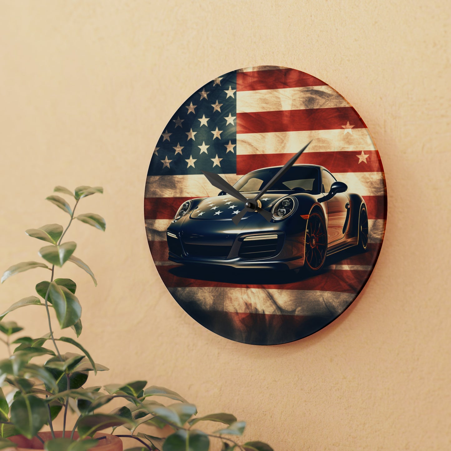 Acrylic Wall Clock Abstract American Flag Background Porsche 3