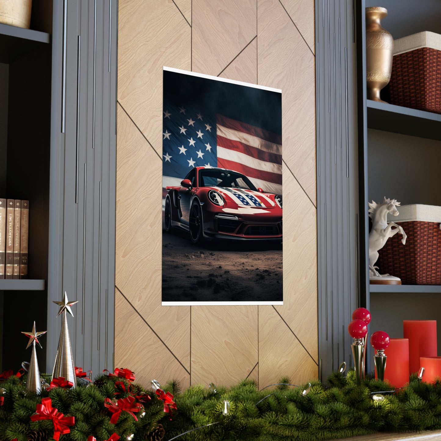 Premium Matte Vertical Posters American Flag Background Porsche 3