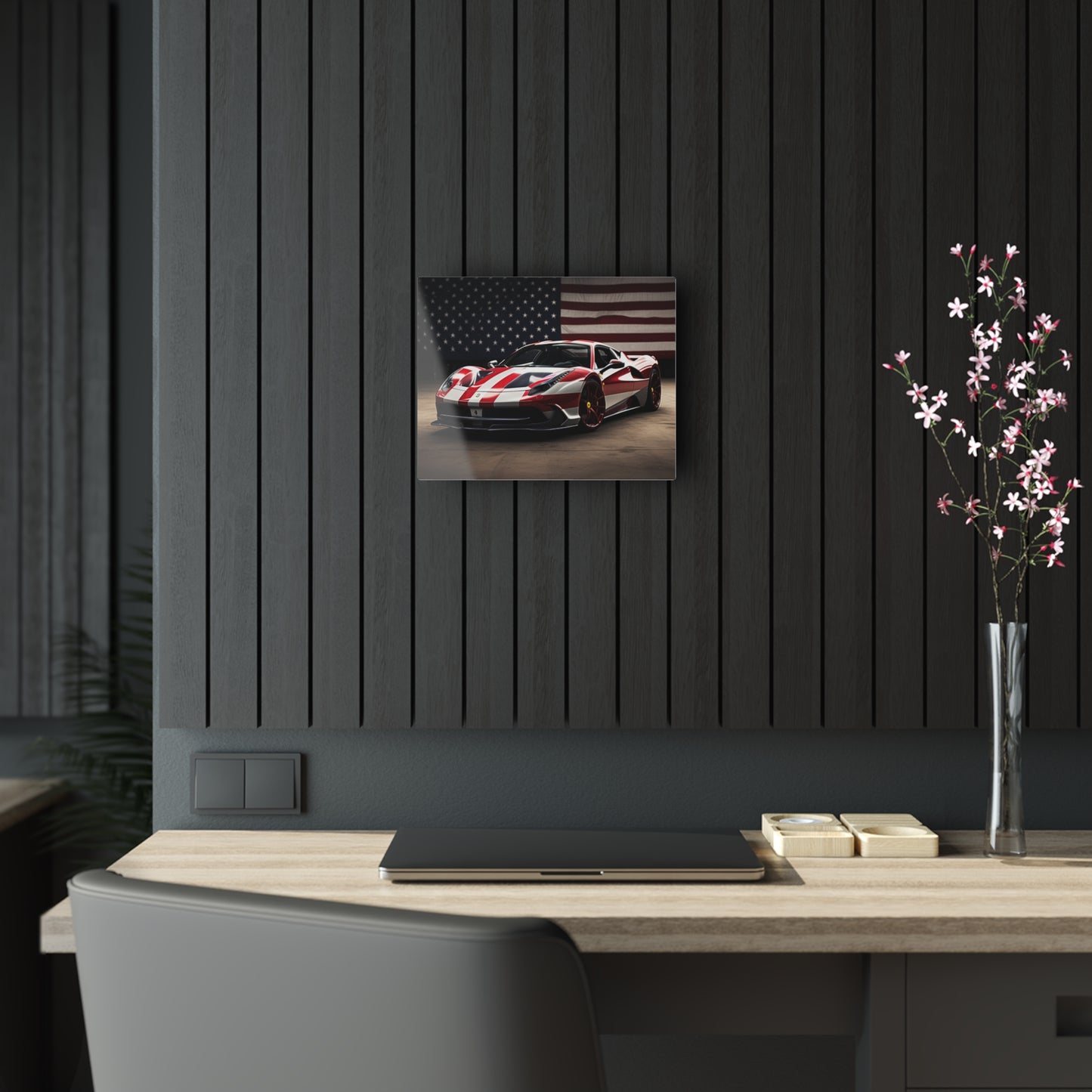 Acrylic Prints American Flag Background Ferrari 2