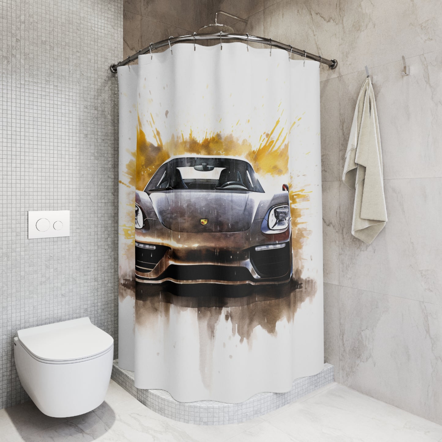 Polyester Shower Curtain 918 Spyder white background driving fast with water splashing 1