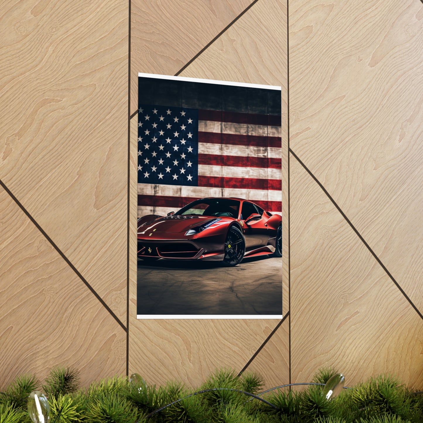 Premium Matte Vertical Posters American Flag Background Ferrari 4