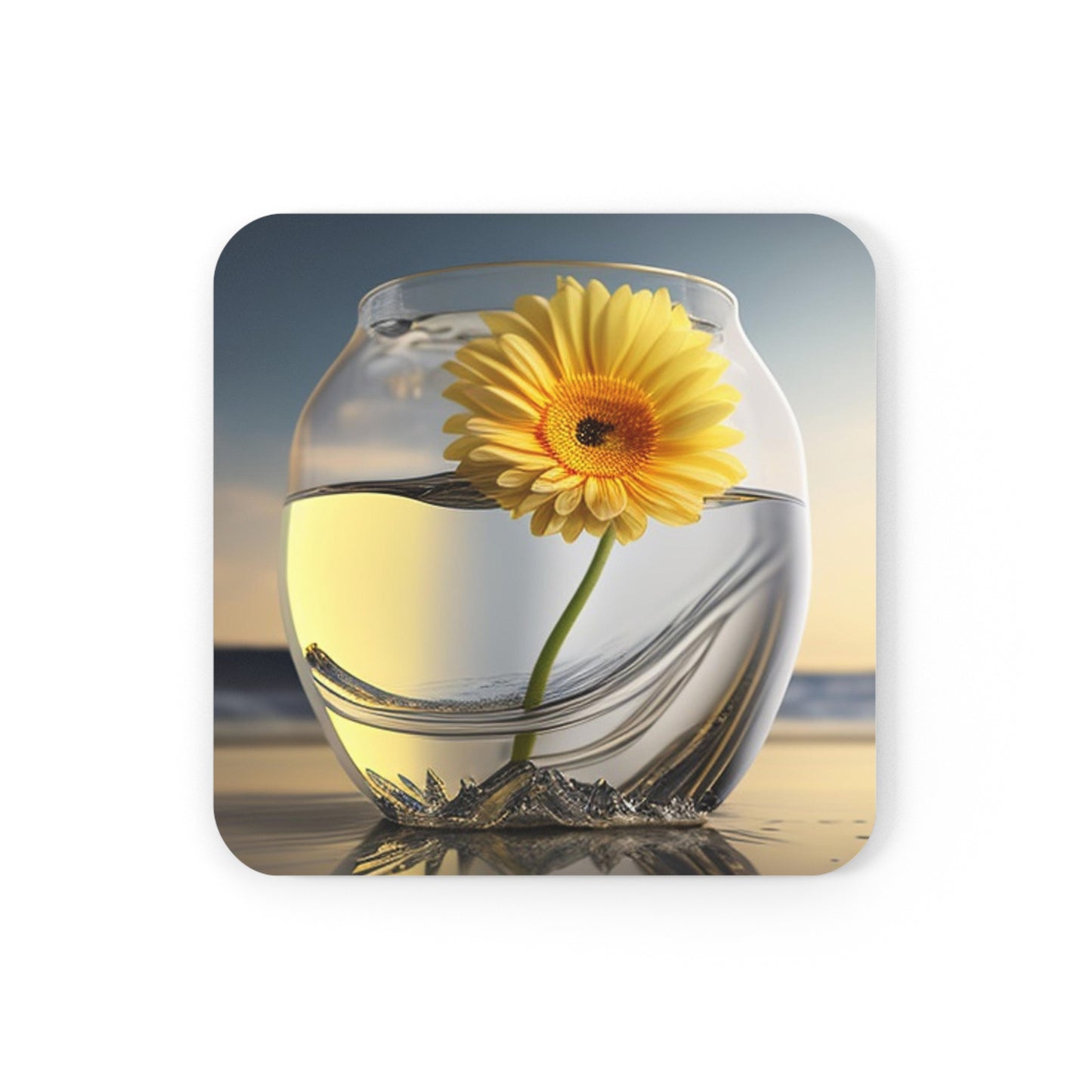 Corkwood Coaster Set yello Gerbera glass 1