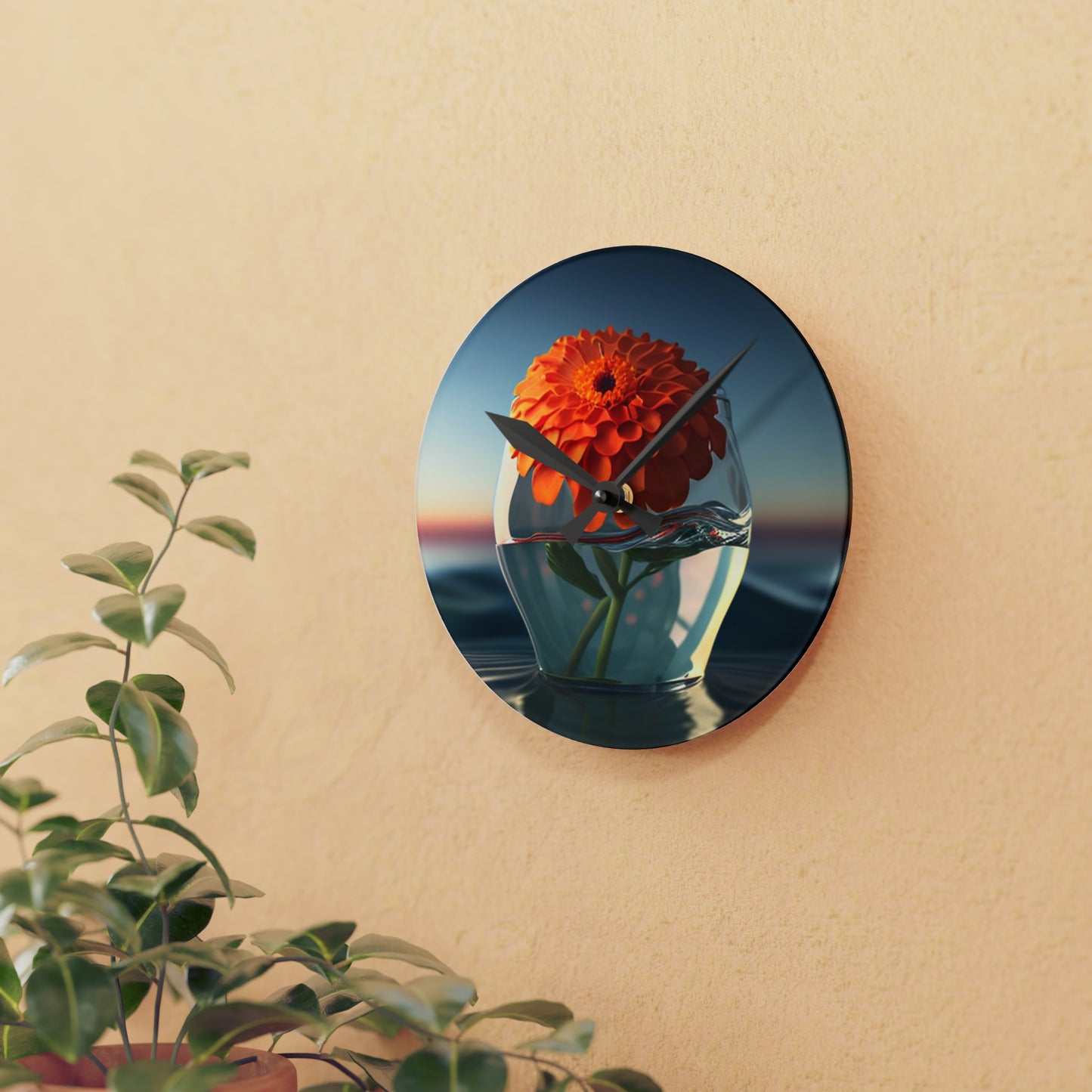 Acrylic Wall Clock Orange Zinnia 4