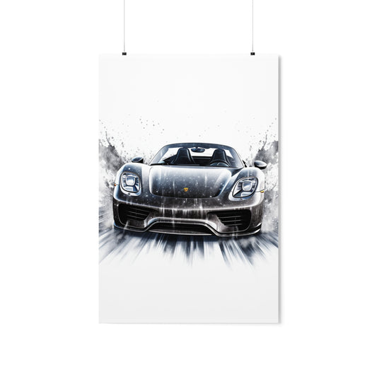 Premium Matte Vertical Posters 918 Spyder white background driving fast with water splashing 3