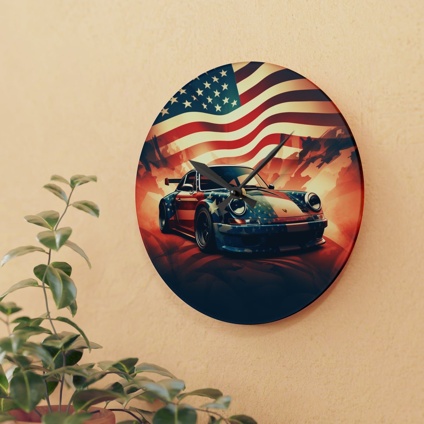 Acrylic Wall Clock Abstract American Flag Background Porsche 4