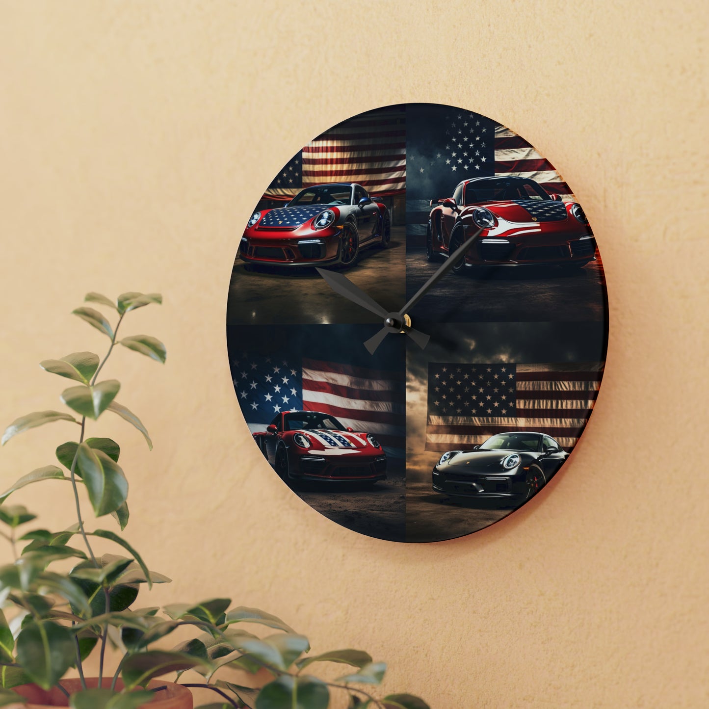 Acrylic Wall Clock American Flag Background Porsche 5