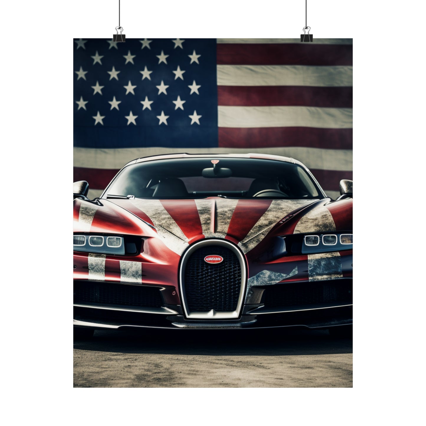 Premium Matte Vertical Posters American Flag Background Bugatti 3