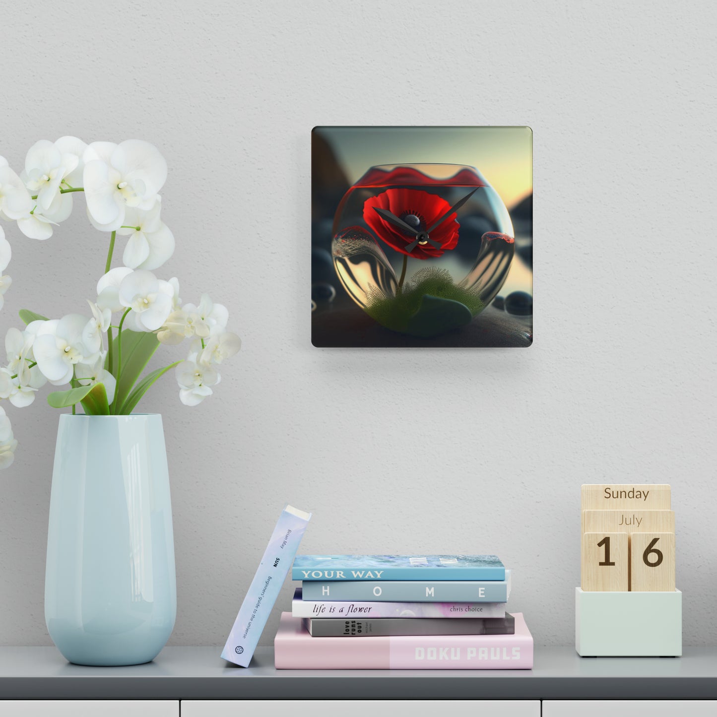 Acrylic Wall Clock Red Anemone in a Vase 3