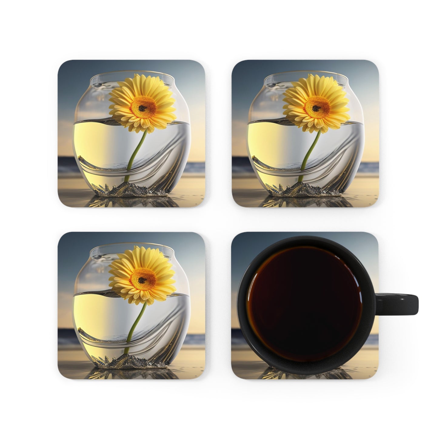 Corkwood Coaster Set yello Gerbera glass 1