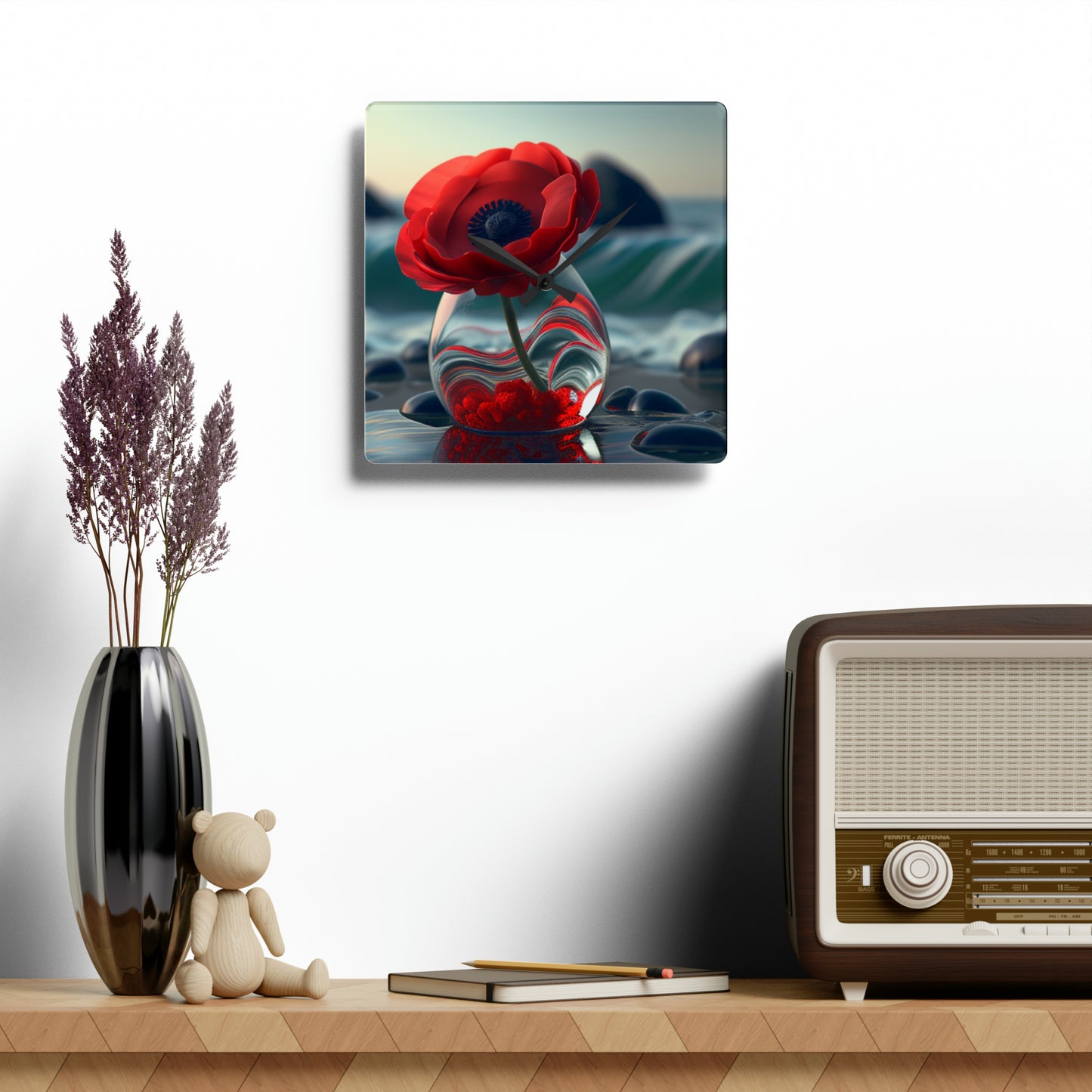 Acrylic Wall Clock Red Anemone in a Vase 1