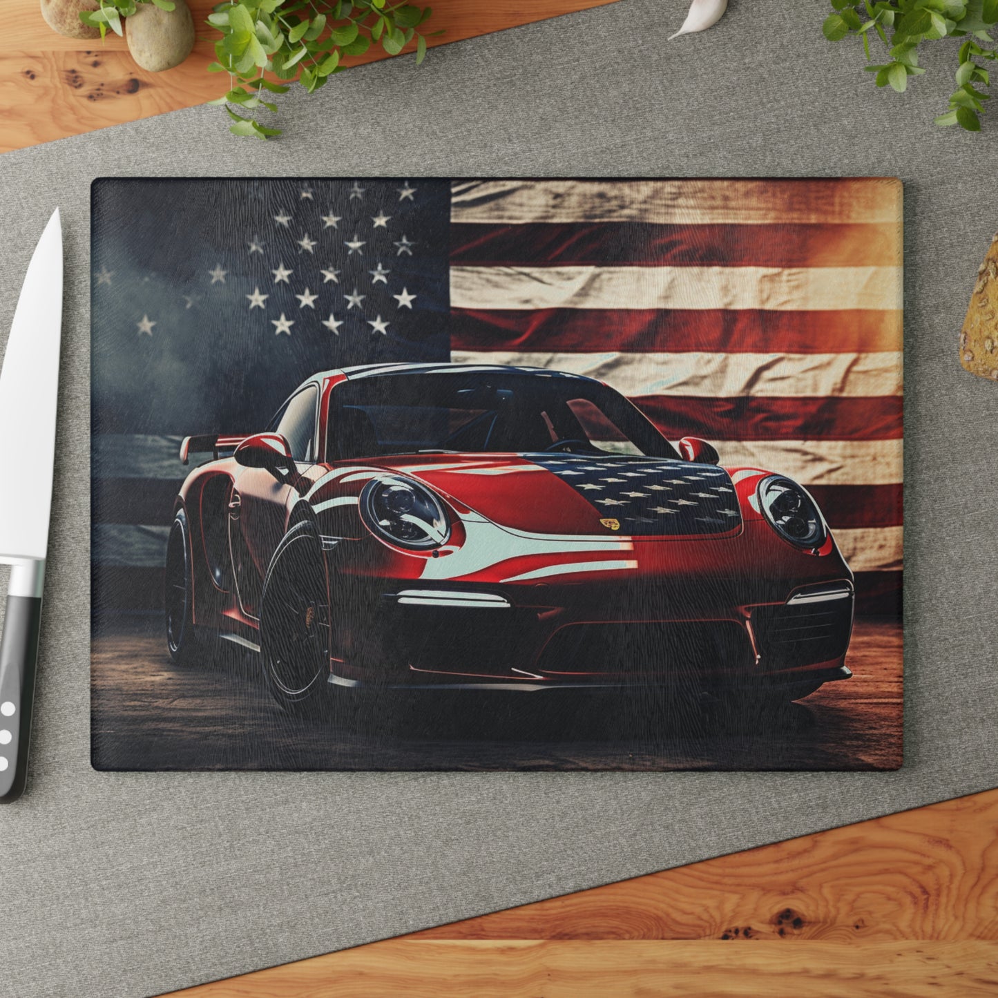 Glass Cutting Board American Flag Background Porsche 2