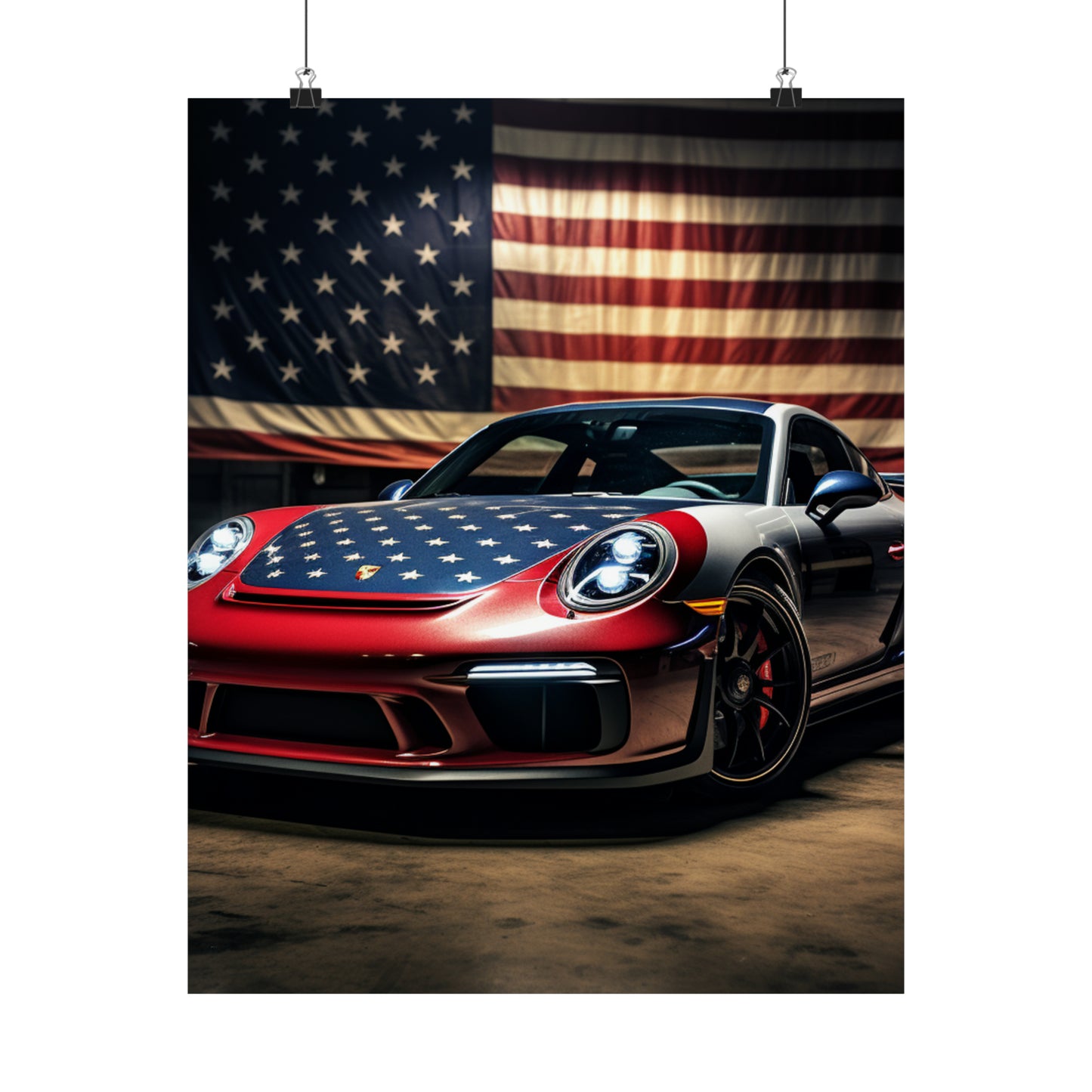 Premium Matte Vertical Posters American Flag Background Porsche 1