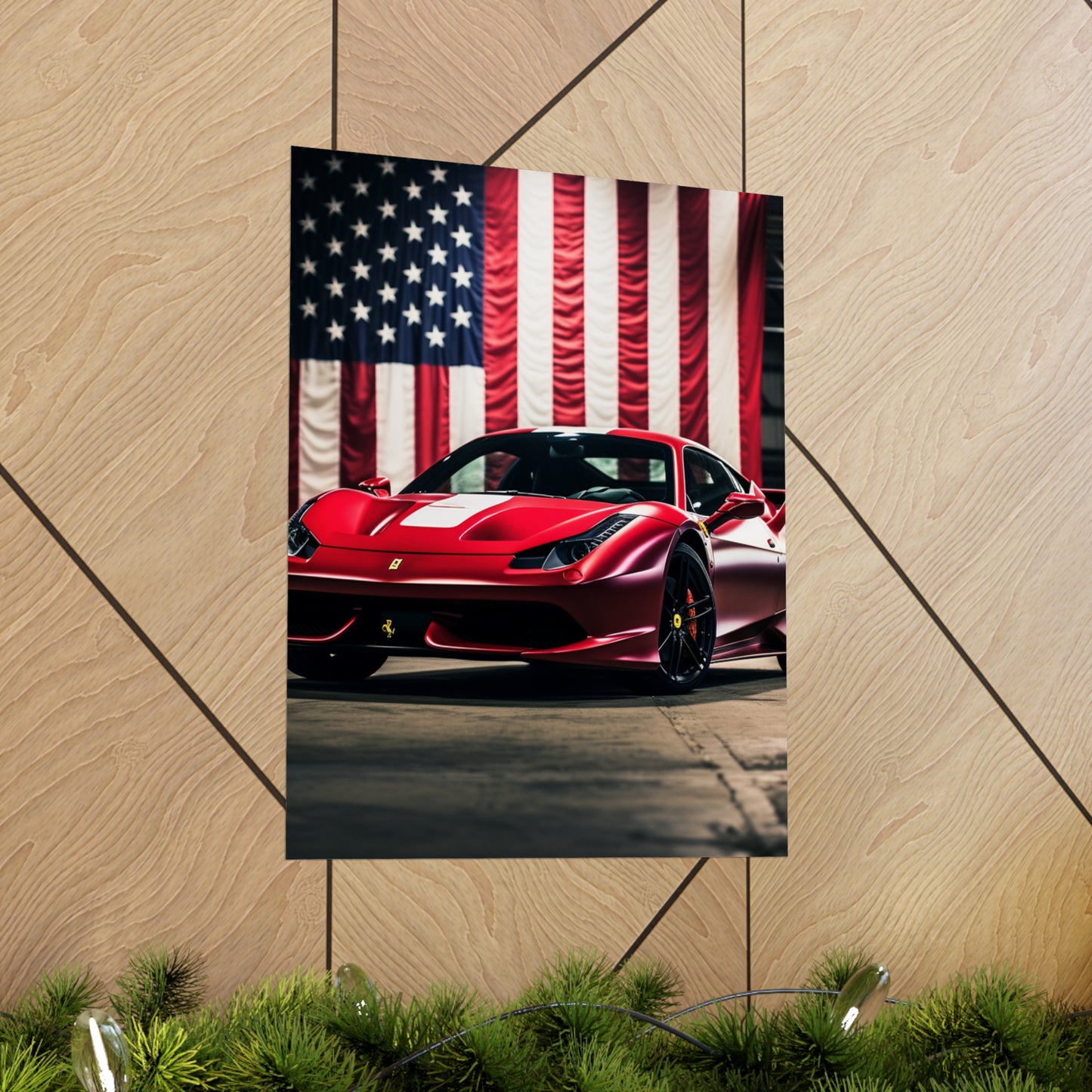 Premium Matte Vertical Posters American Flag Background Ferrari 3