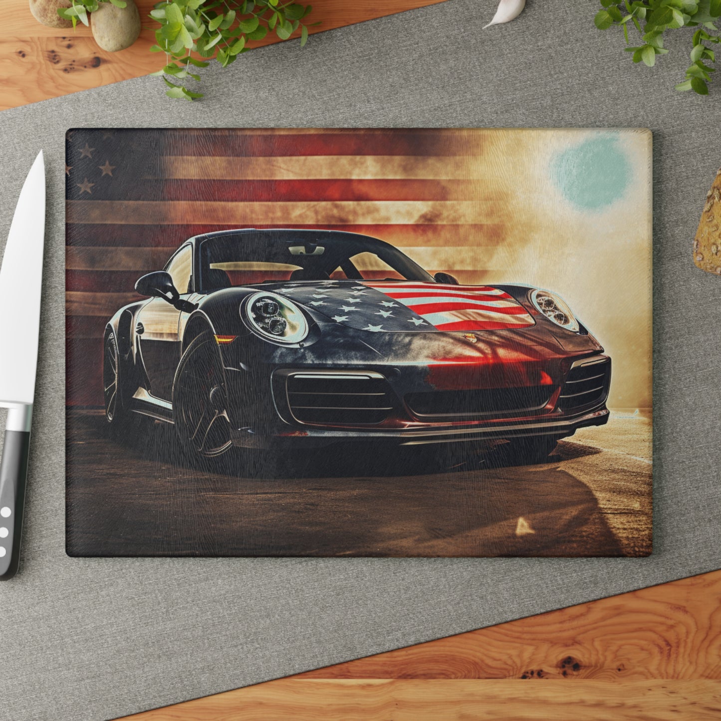 Glass Cutting Board Abstract American Flag Background Porsche 1