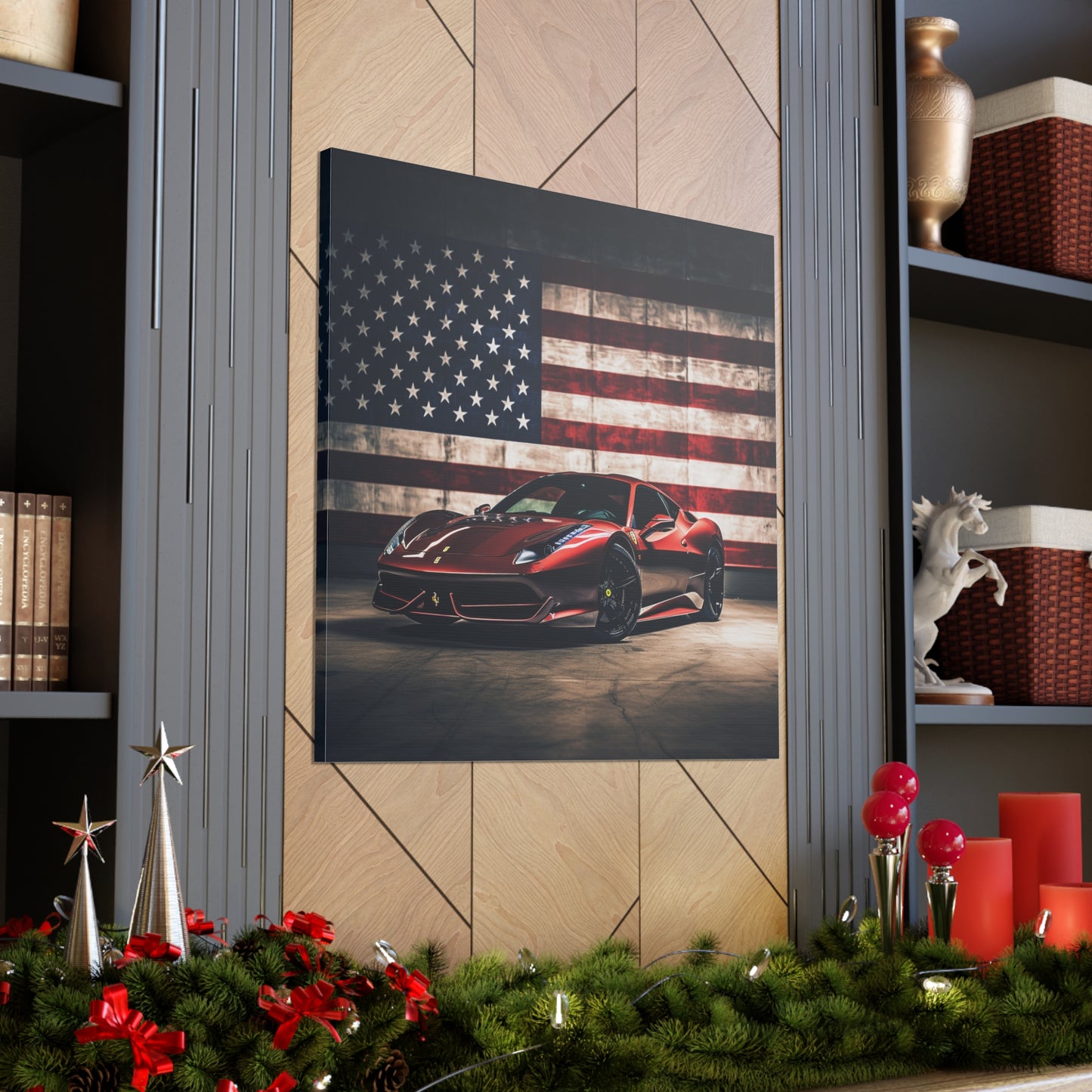 Canvas Gallery Wraps American Flag Background Ferrari 4