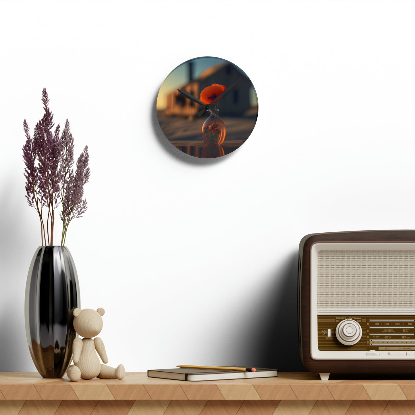 Acrylic Wall Clock Orange Poppy in a Vase 3