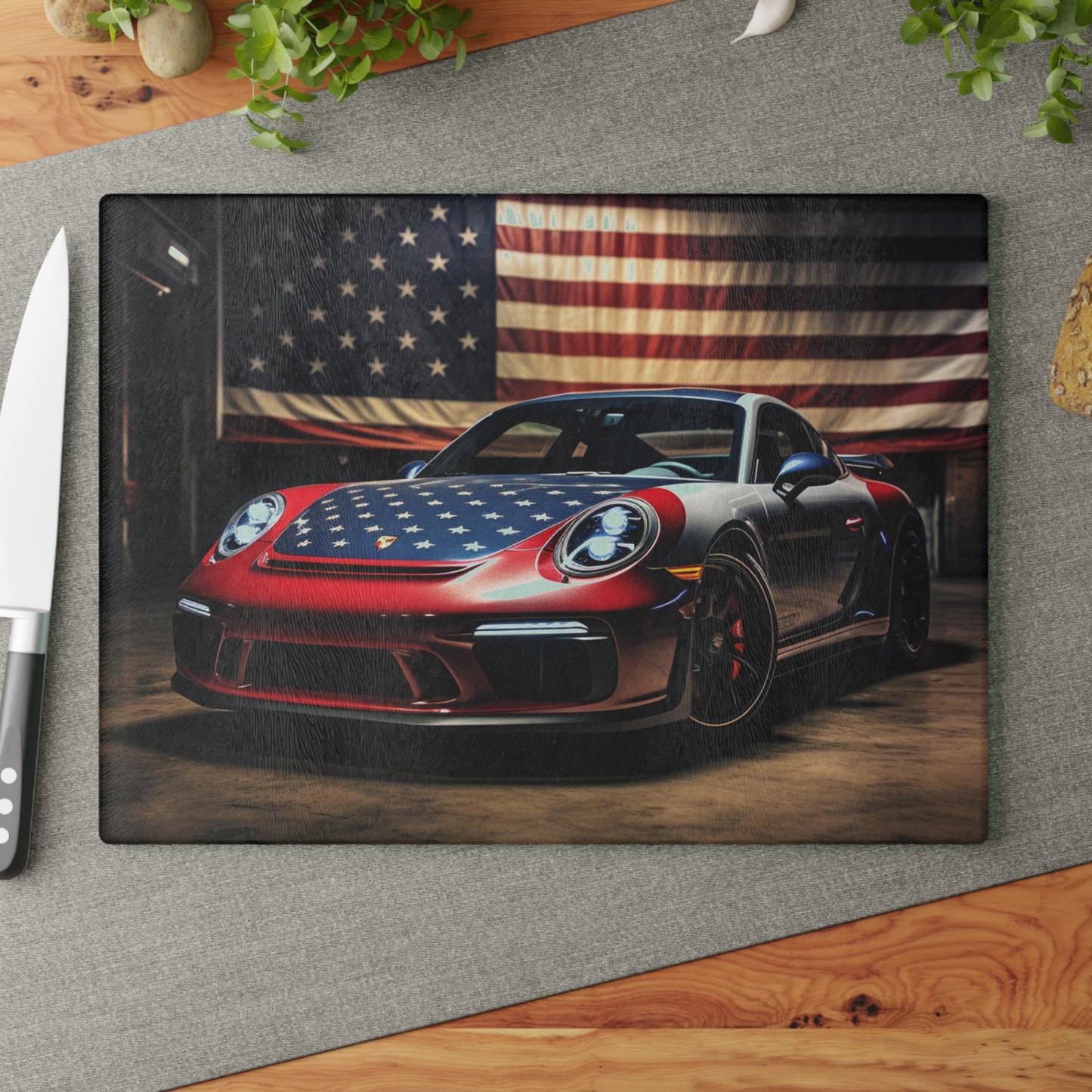 Glass Cutting Board American Flag Background Porsche 1