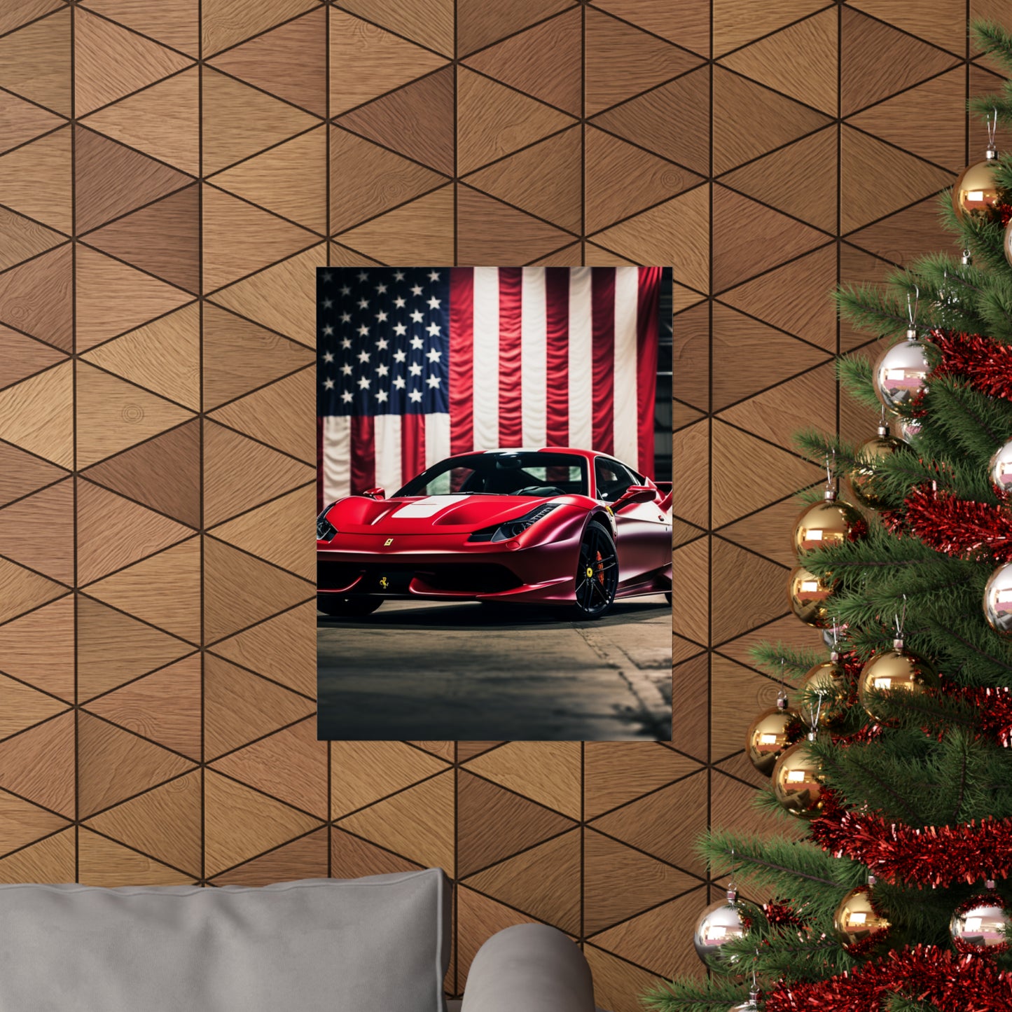 Premium Matte Vertical Posters American Flag Background Ferrari 3