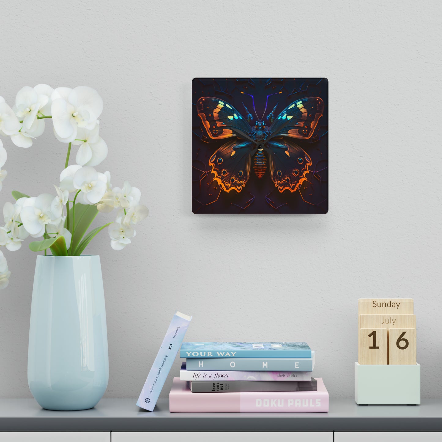 Acrylic Wall Clock Neon Hue Butterfly 2