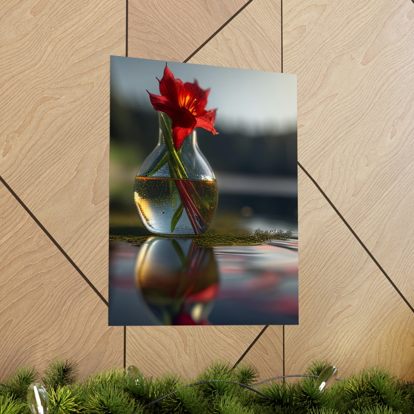 Premium Matte Vertical Posters Red Lily in a Glass vase 3