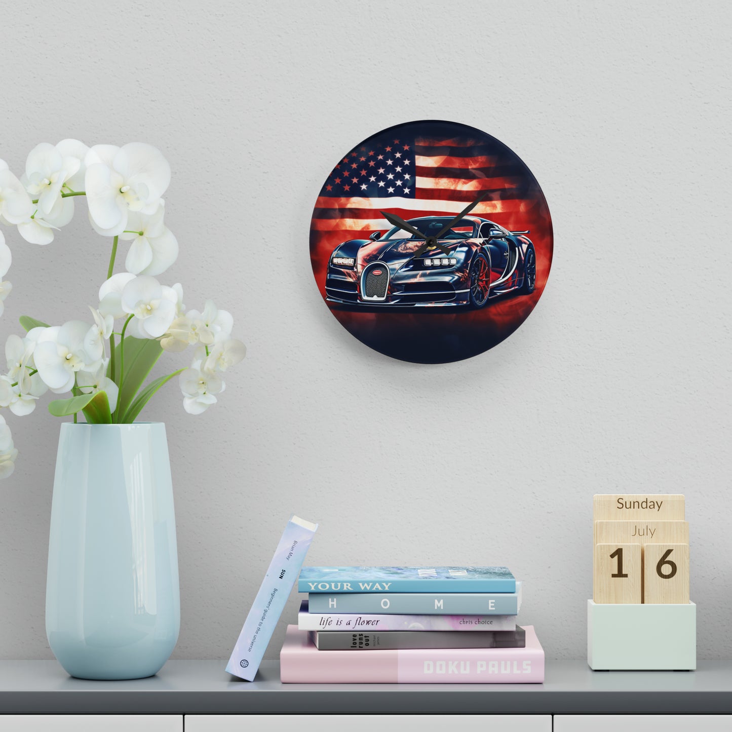 Acrylic Wall Clock Abstract American Flag Background Bugatti 4