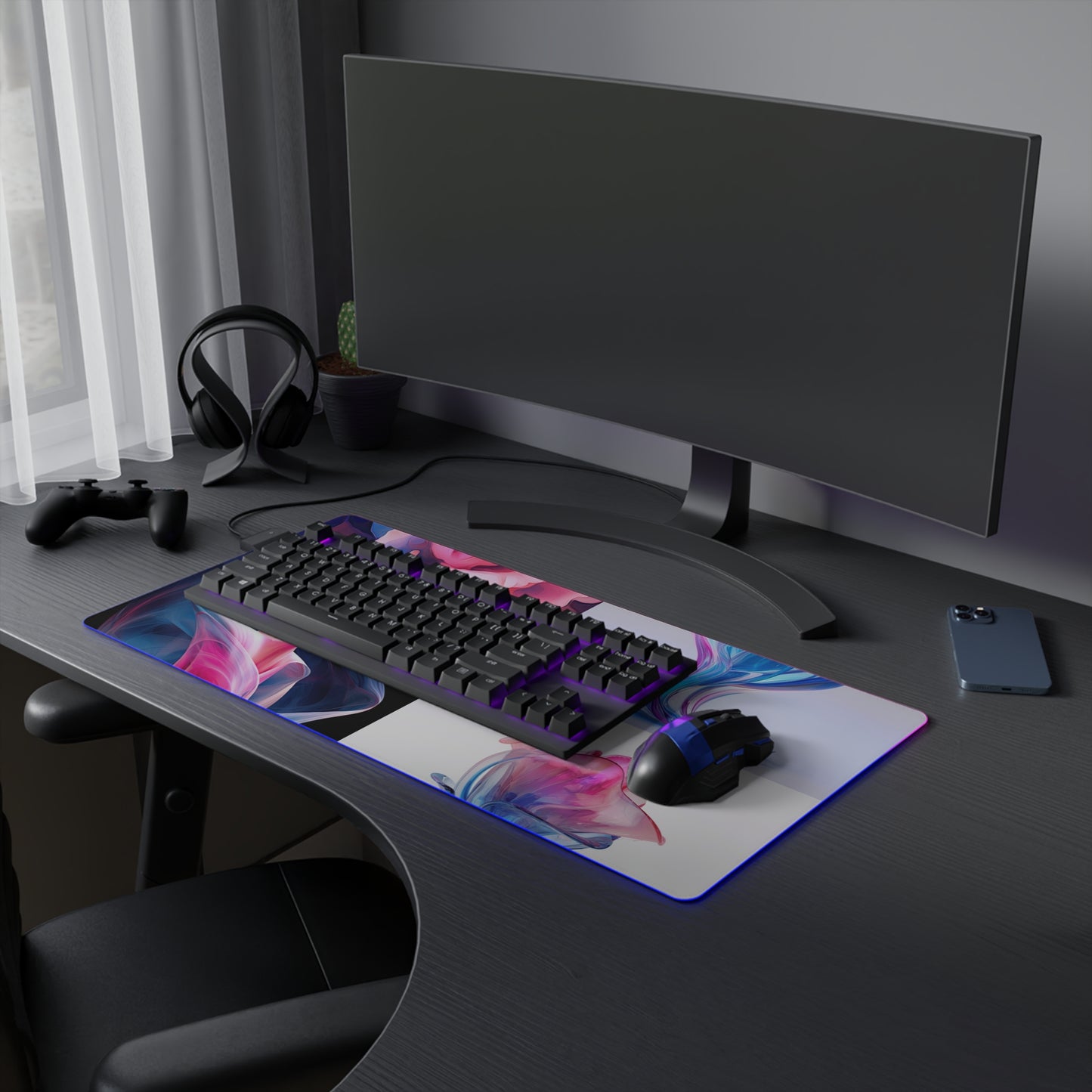 LED Gaming Mouse Pad Pink & Blue Tulip Rose 5