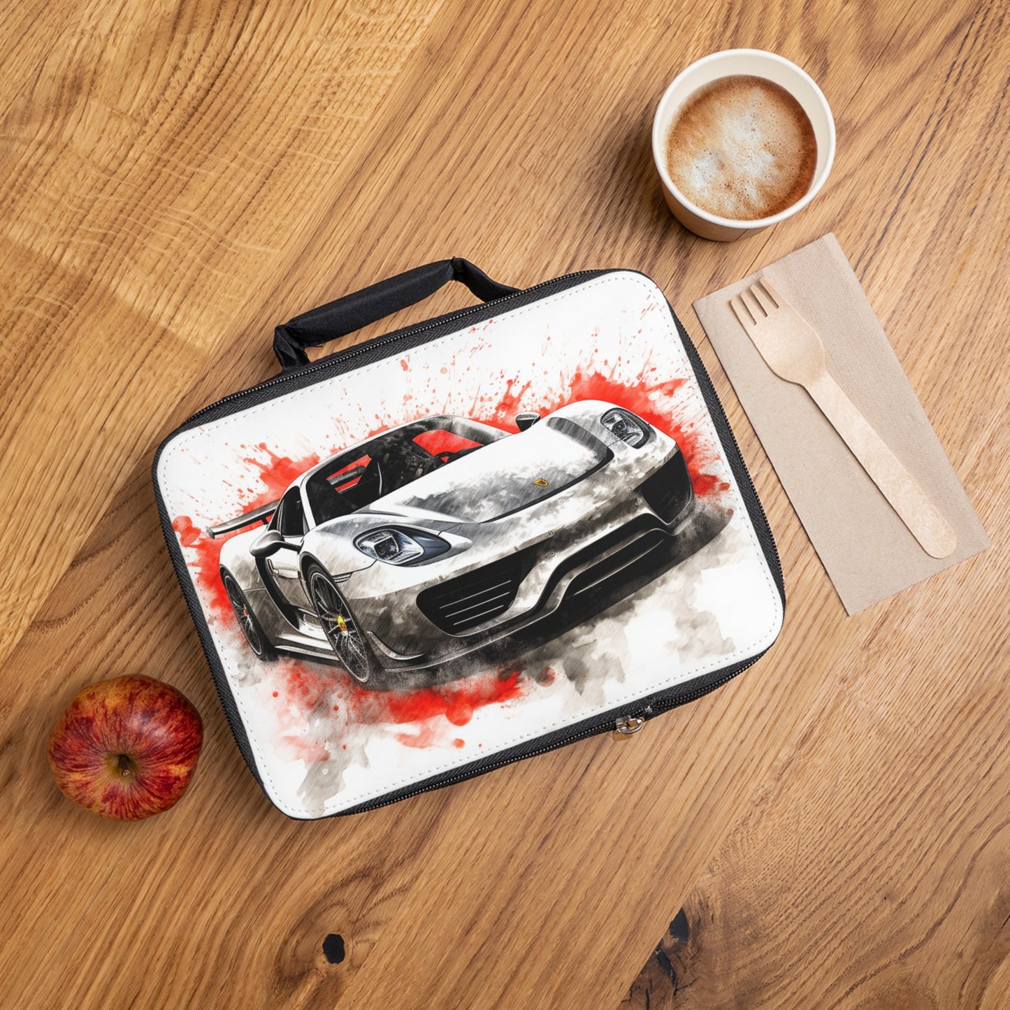 Lunch Bag 918 Spyder white background driving fast with water splashing 4