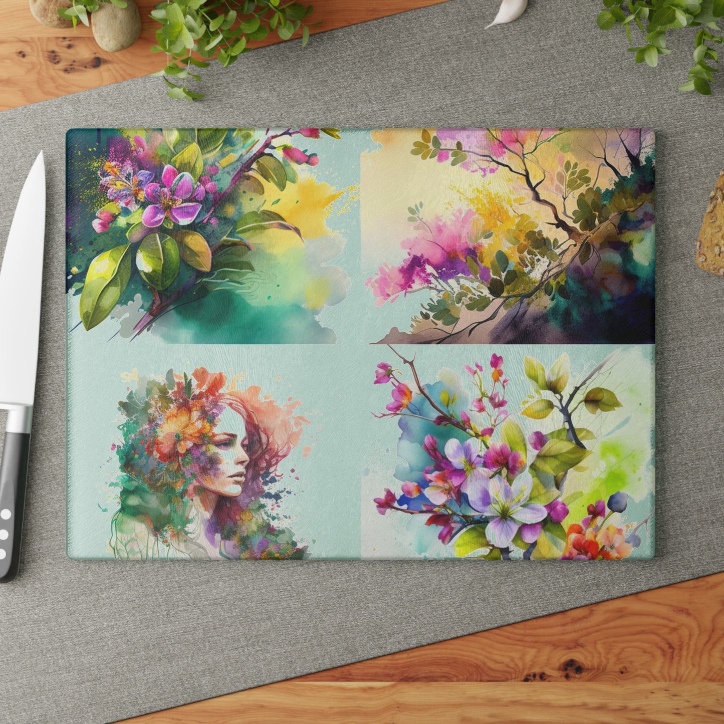 Glass Cutting Board Mother Nature Bright Spring Colors Realistic Watercolor 5