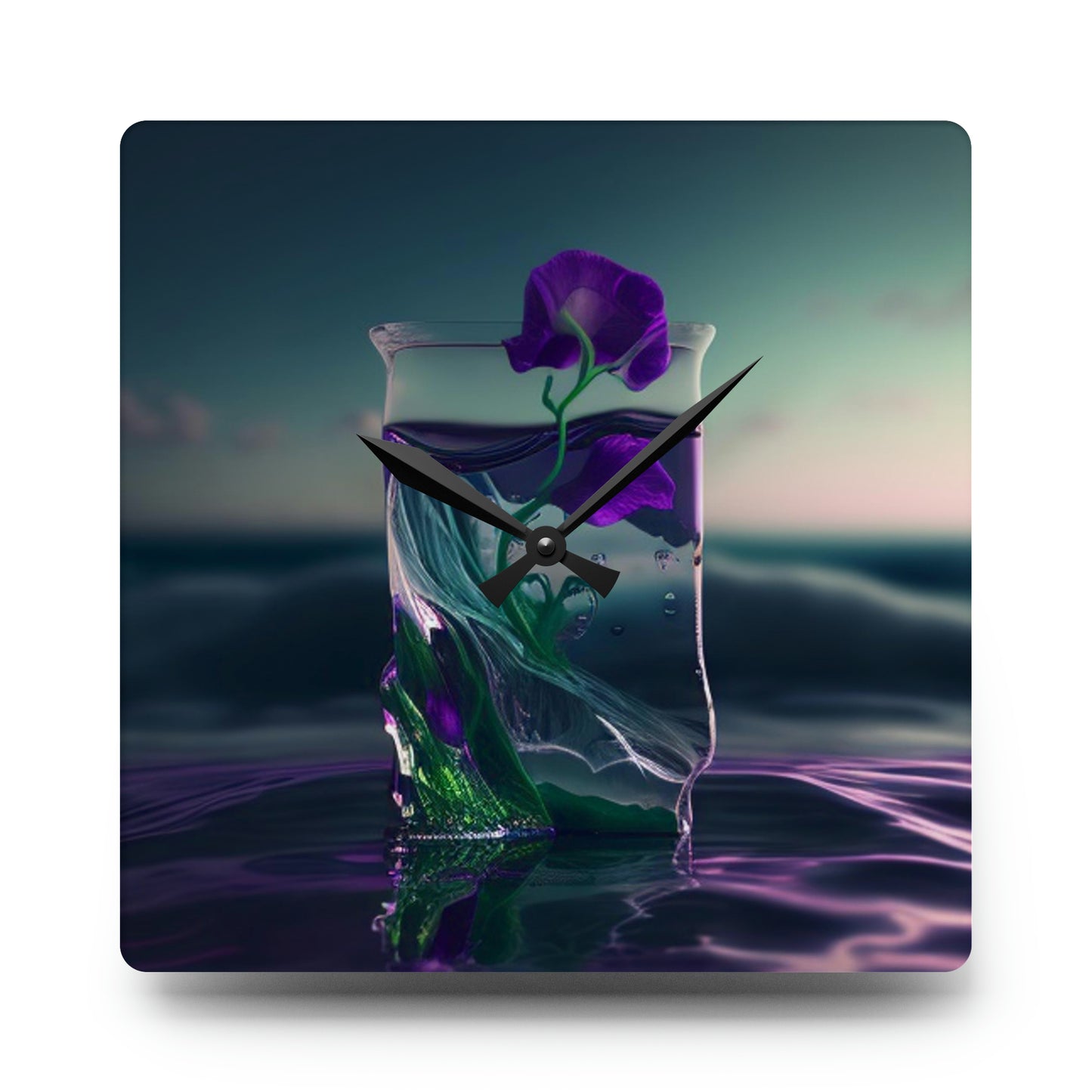 Acrylic Wall Clock Purple Sweet pea in a vase 3