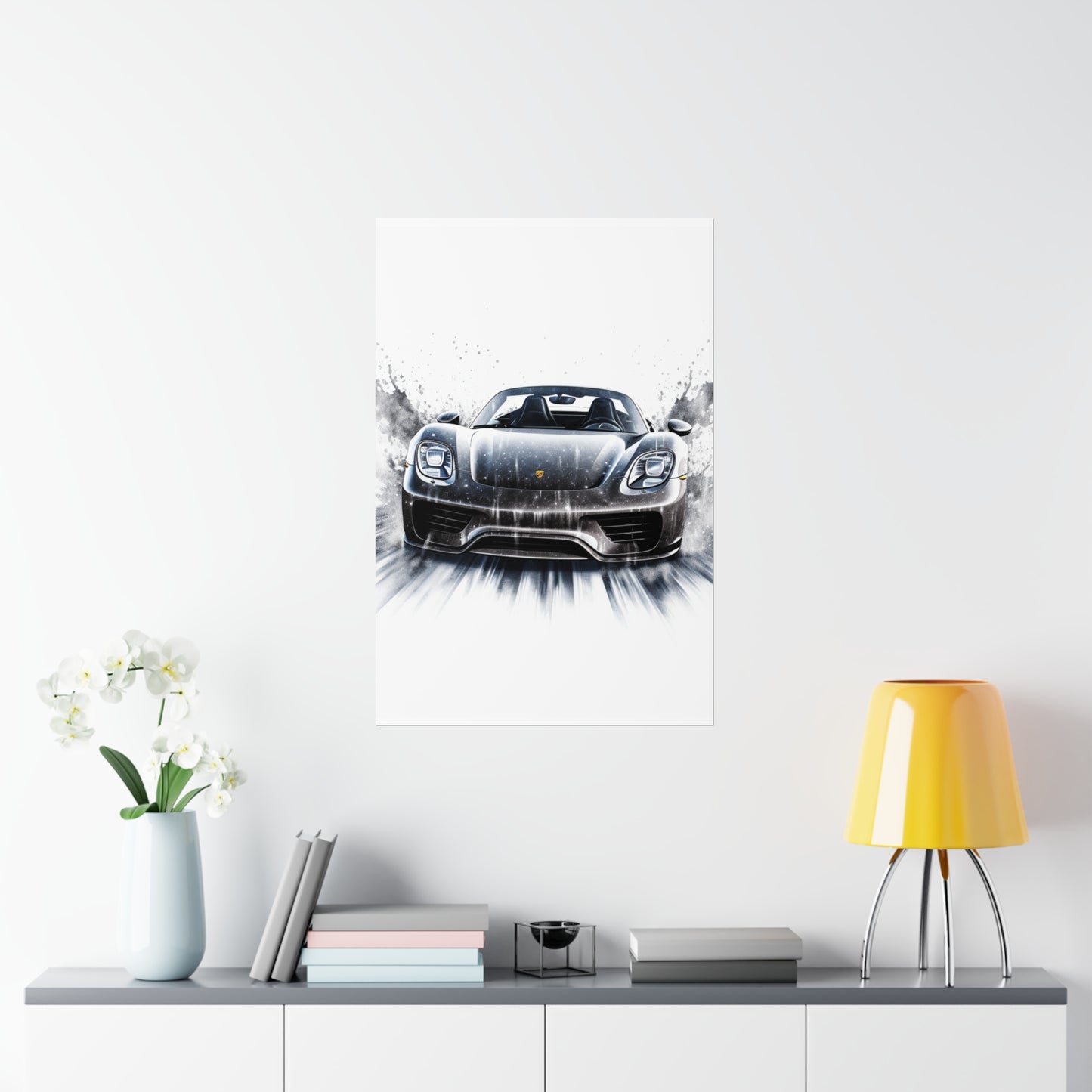 Premium Matte Vertical Posters 918 Spyder white background driving fast with water splashing 3