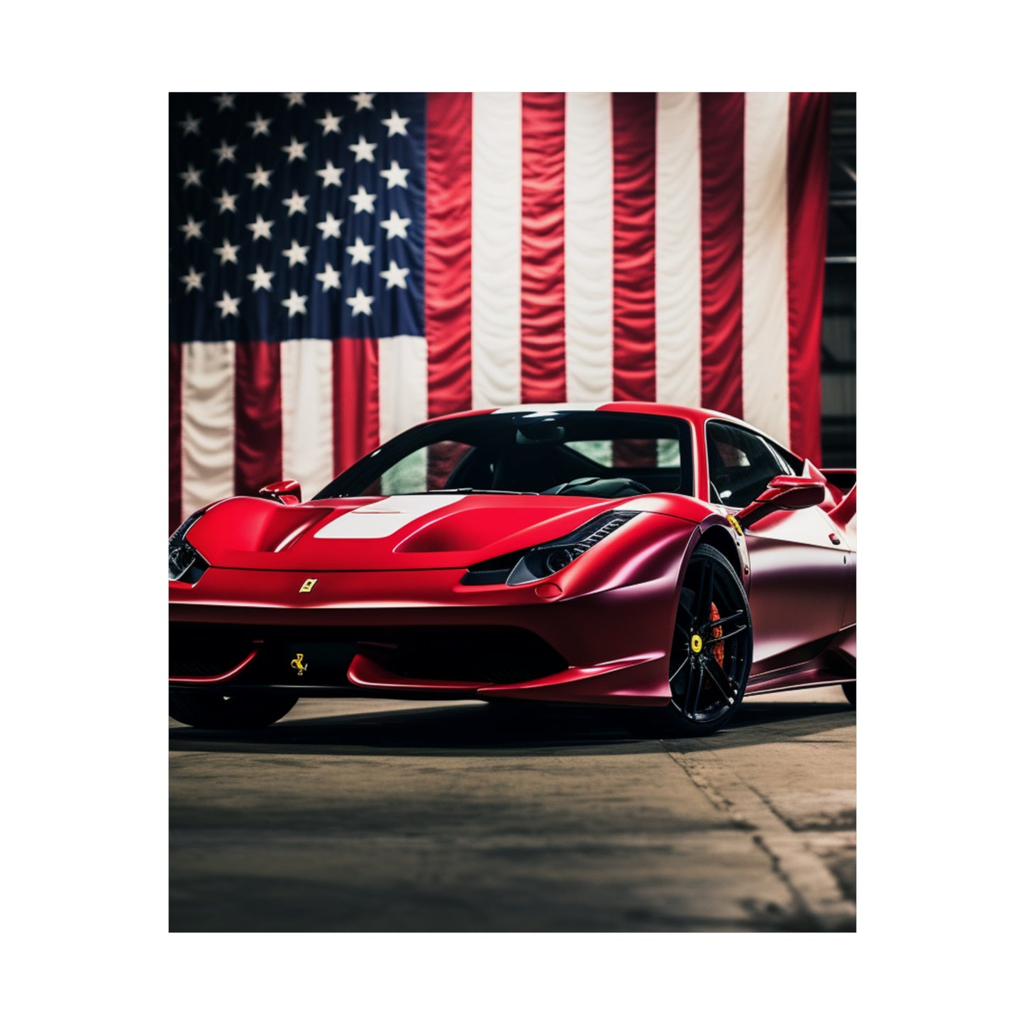 Premium Matte Vertical Posters American Flag Background Ferrari 3