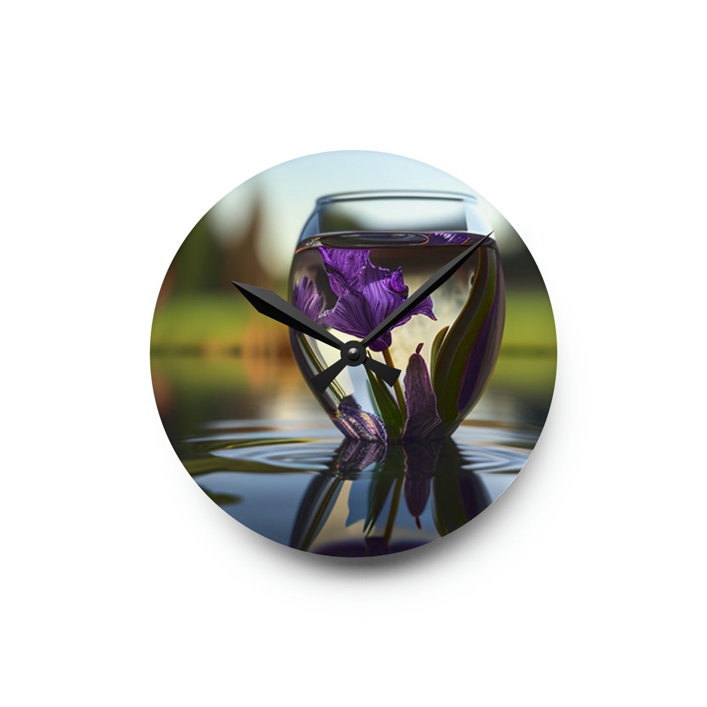 Acrylic Wall Clock Purple Iris in a vase 3