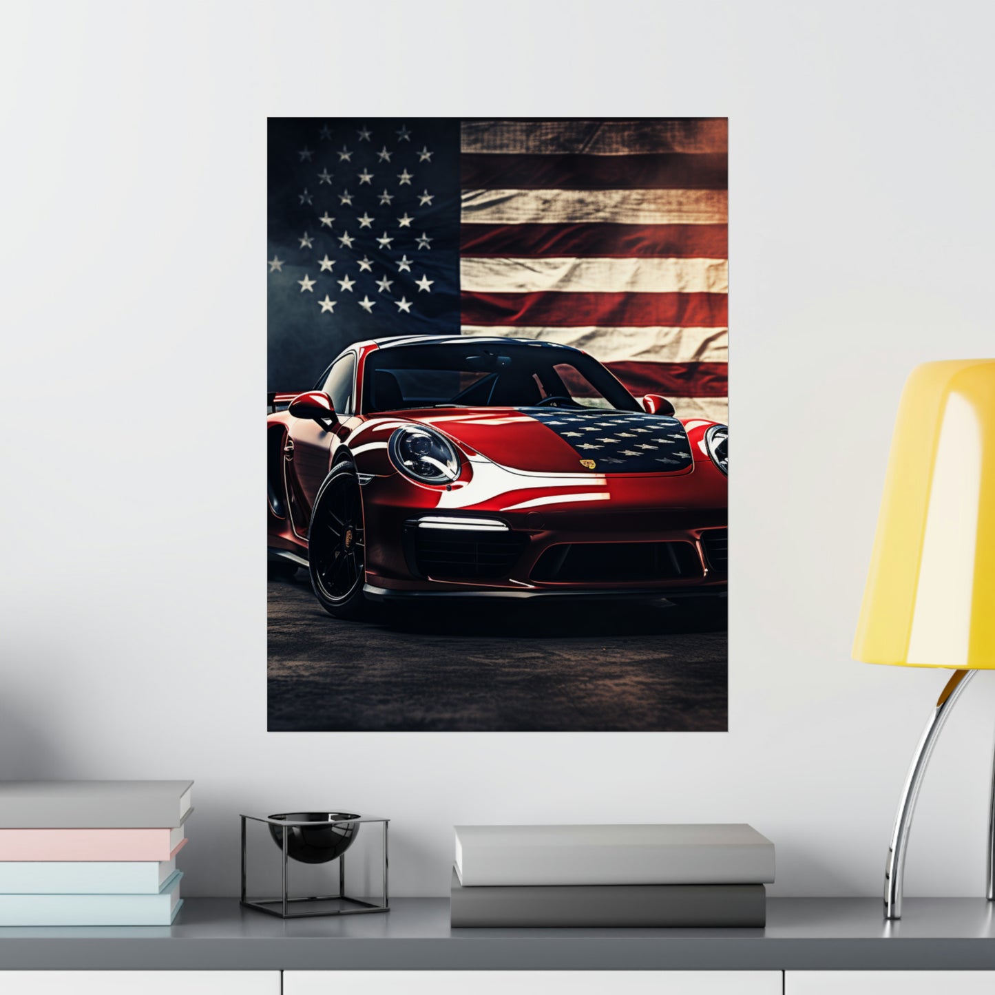 Premium Matte Vertical Posters American Flag Background Porsche 2