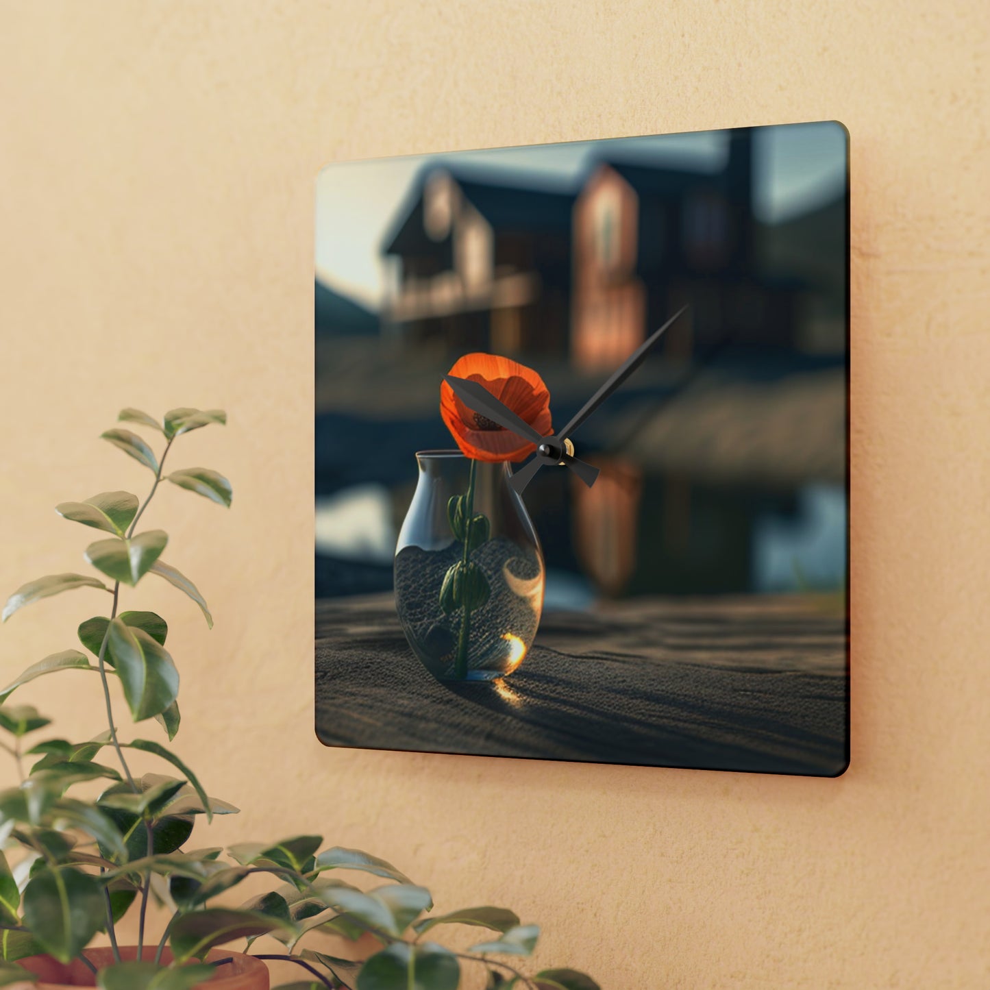 Acrylic Wall Clock Orange Poppy in a Vase 4