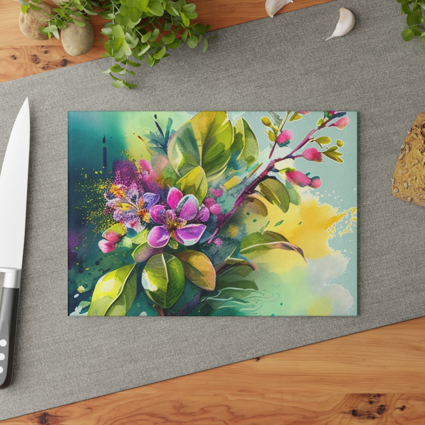 Glass Cutting Board Mother Nature Bright Spring Colors Realistic Watercolor 1