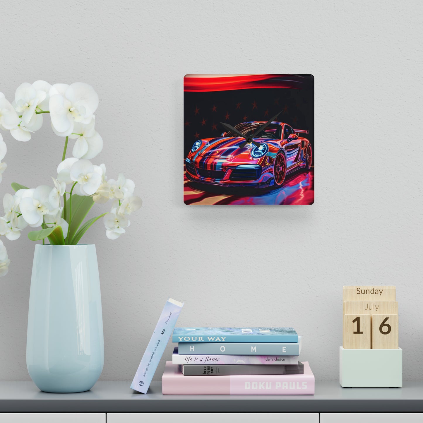 Acrylic Wall Clock American Flag Colored Porsche 2