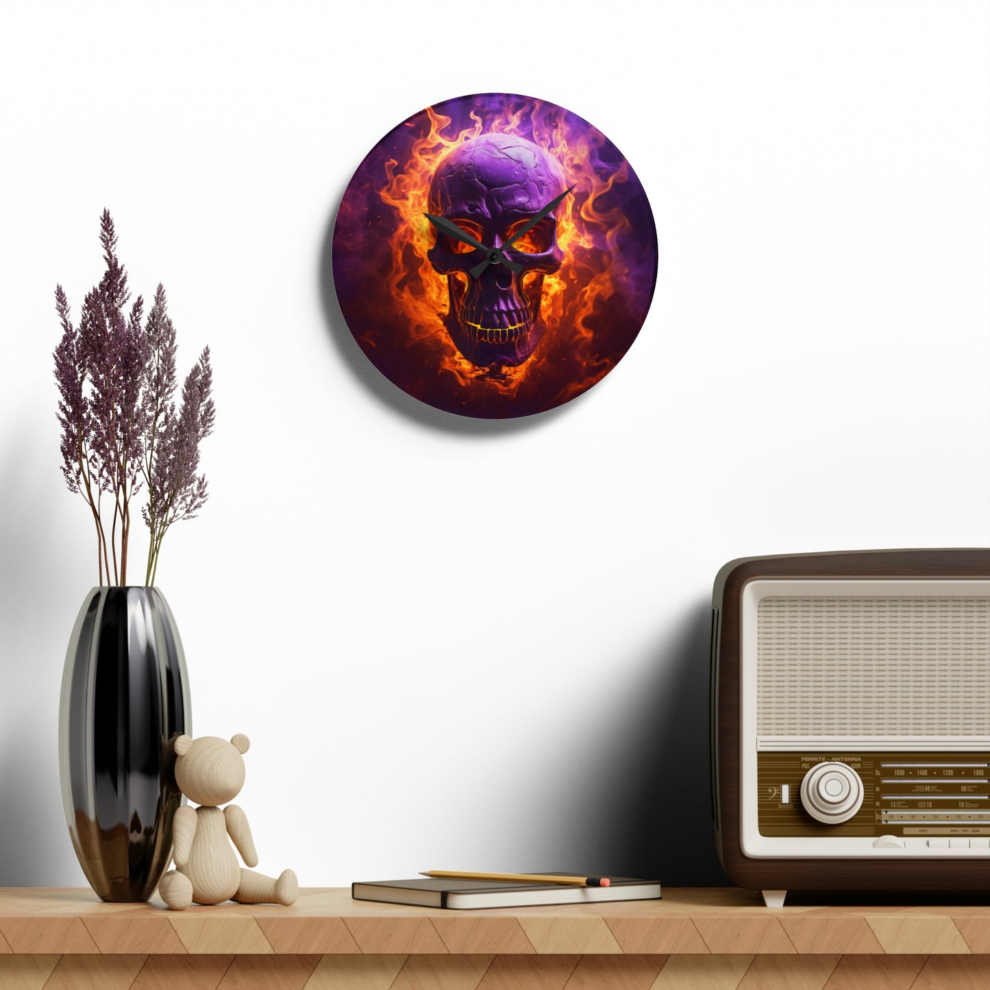 Acrylic Wall Clock Skull Flames 3