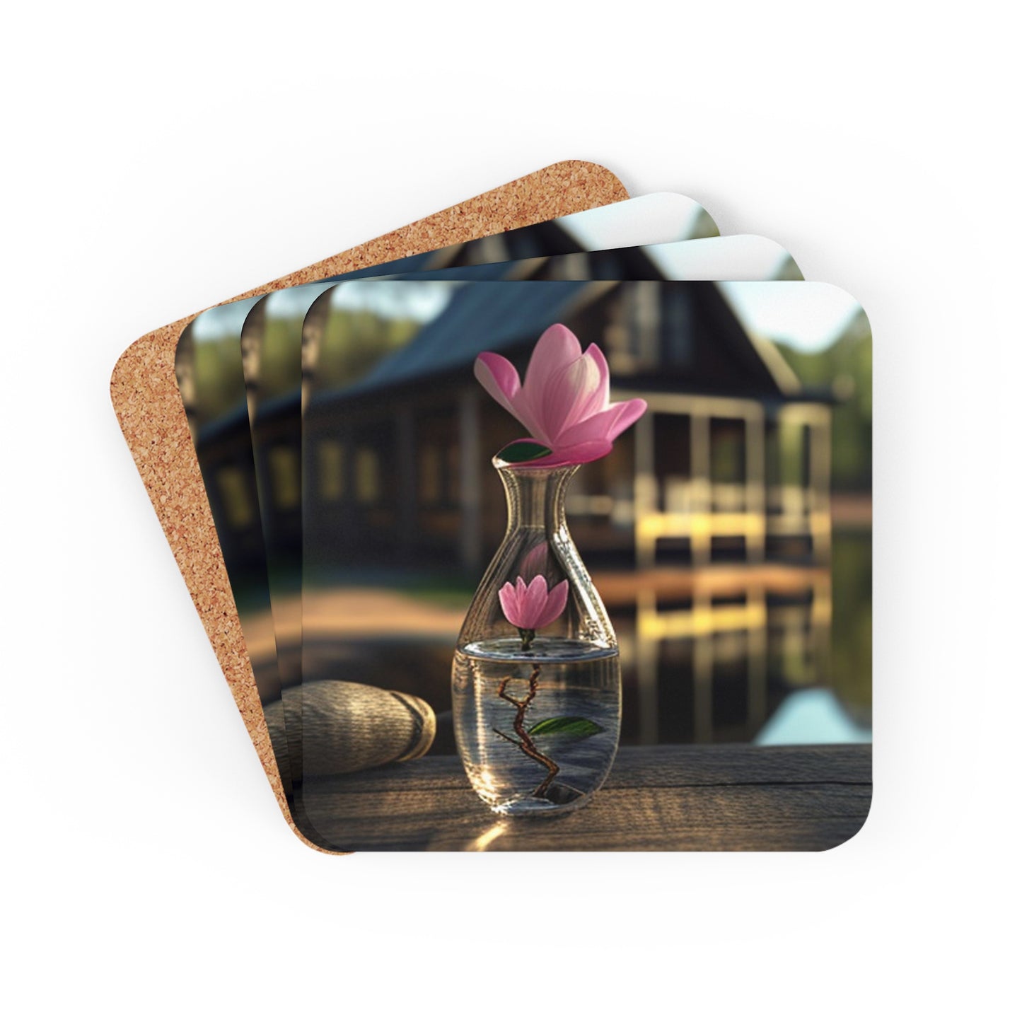 Corkwood Coaster Set Magnolia in a Glass vase 4