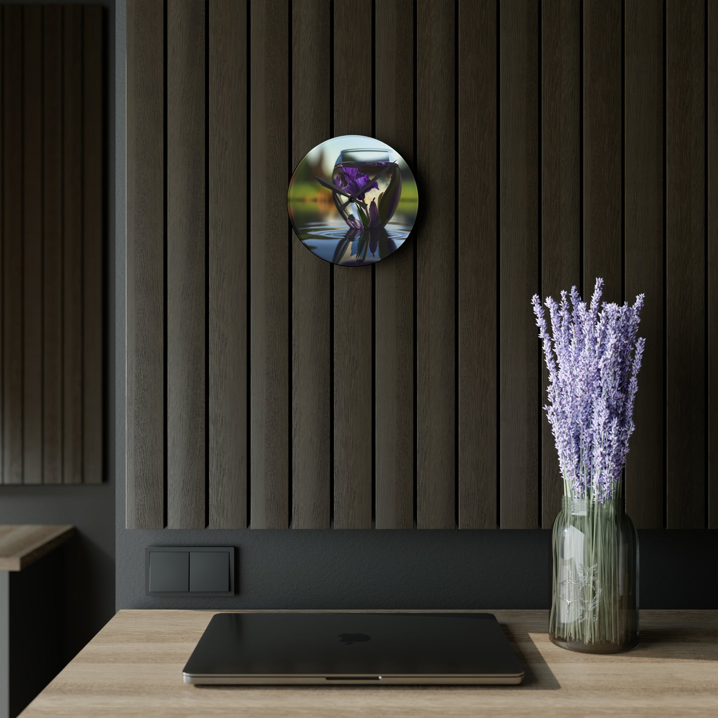 Acrylic Wall Clock Purple Iris in a vase 3