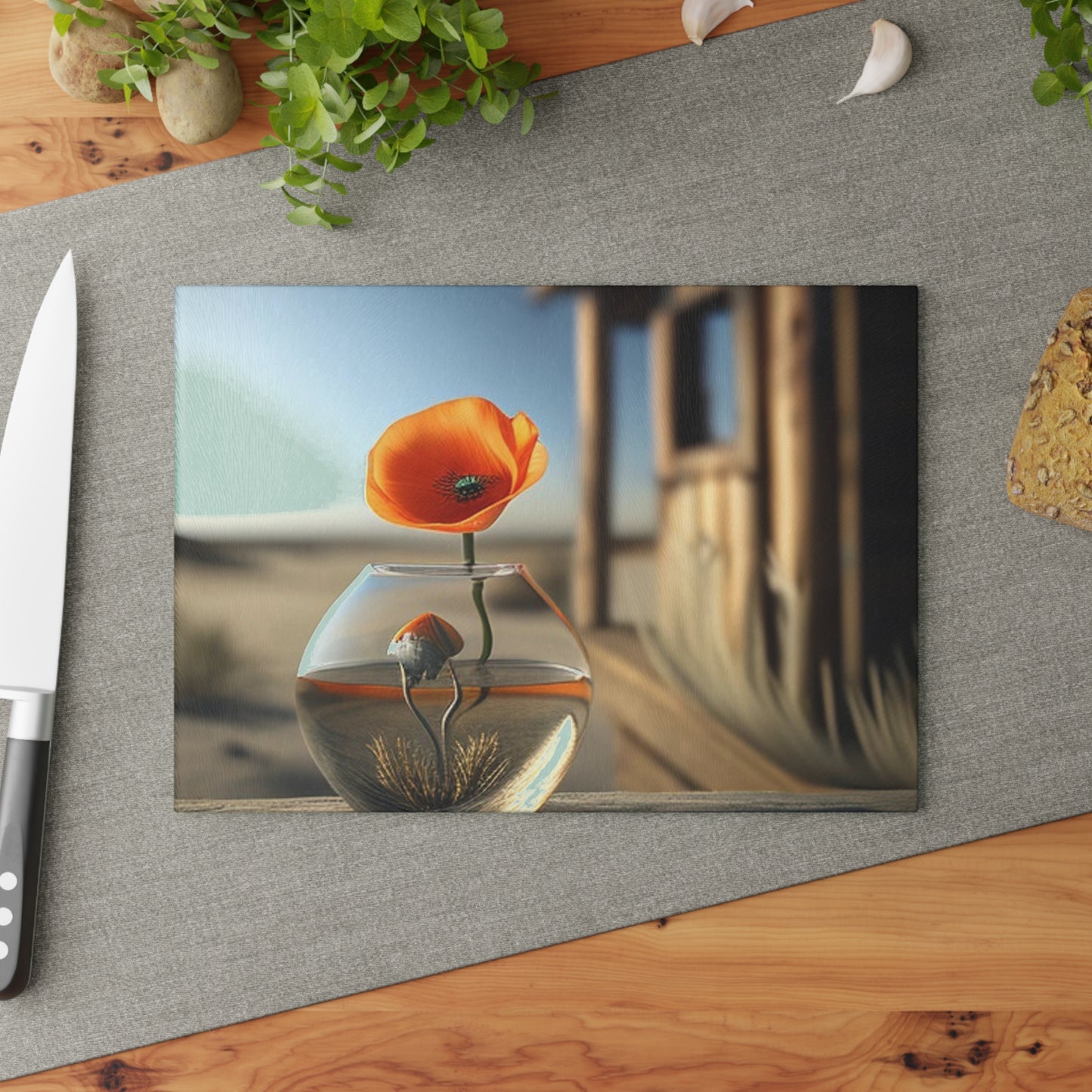 Glass Cutting Board Orange Poppy in a Vase 1