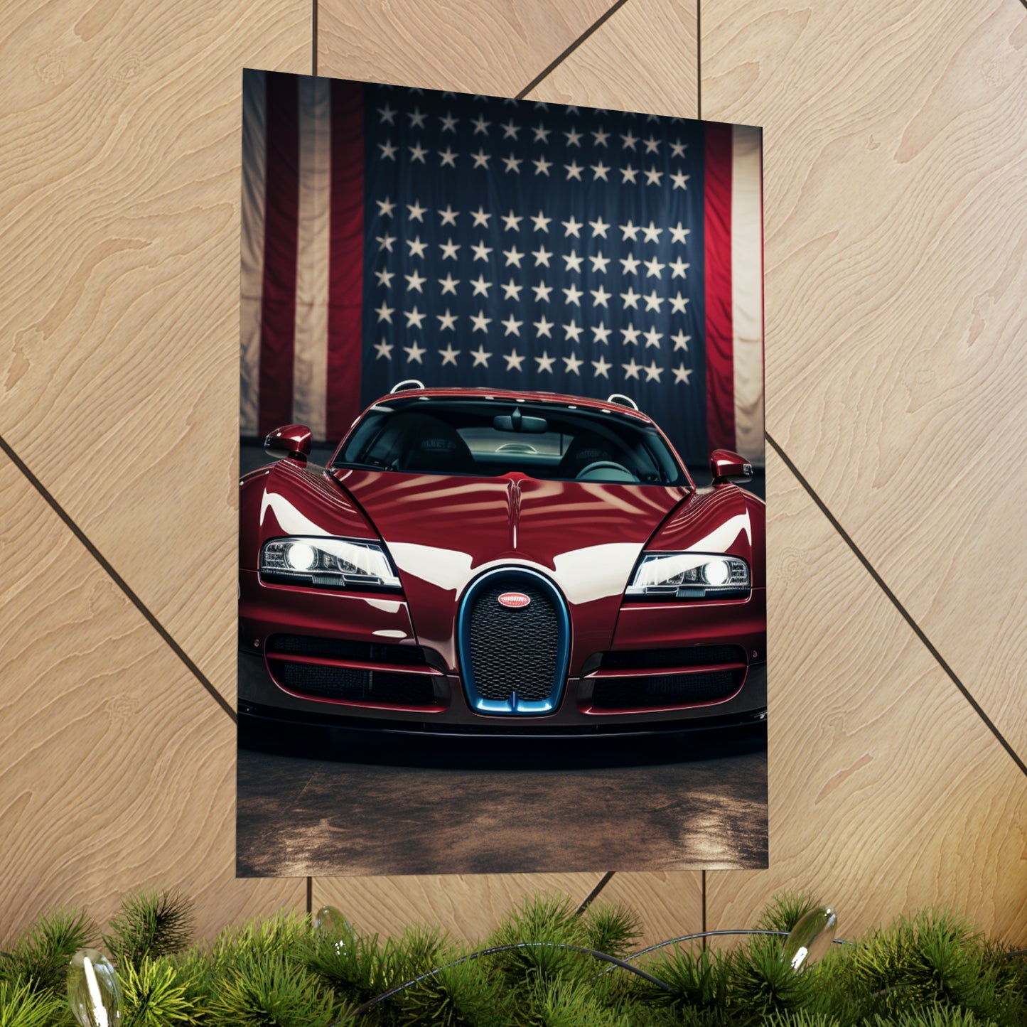 Premium Matte Vertical Posters American Flag Background Bugatti 1