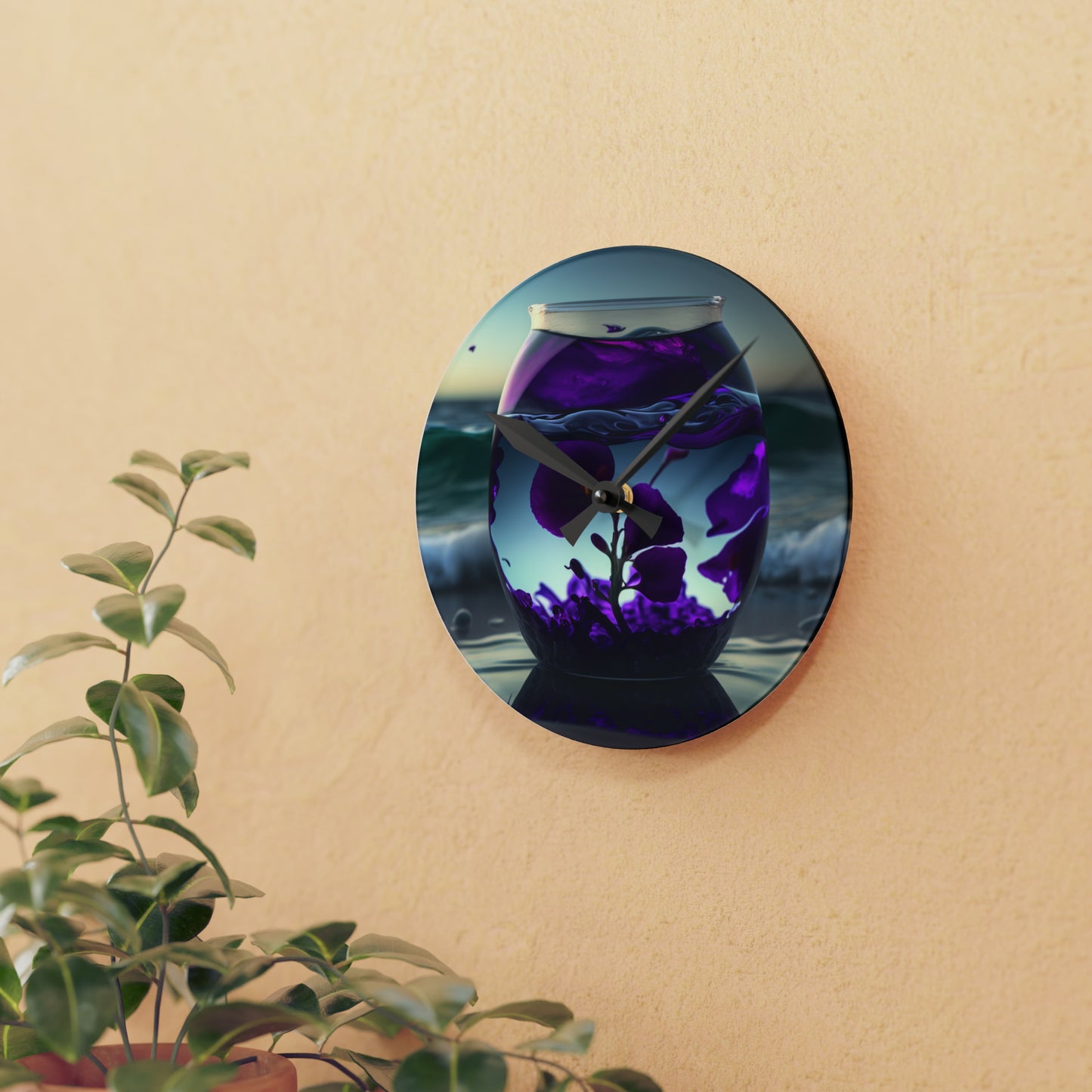 Acrylic Wall Clock Purple Sweet pea in a vase 4