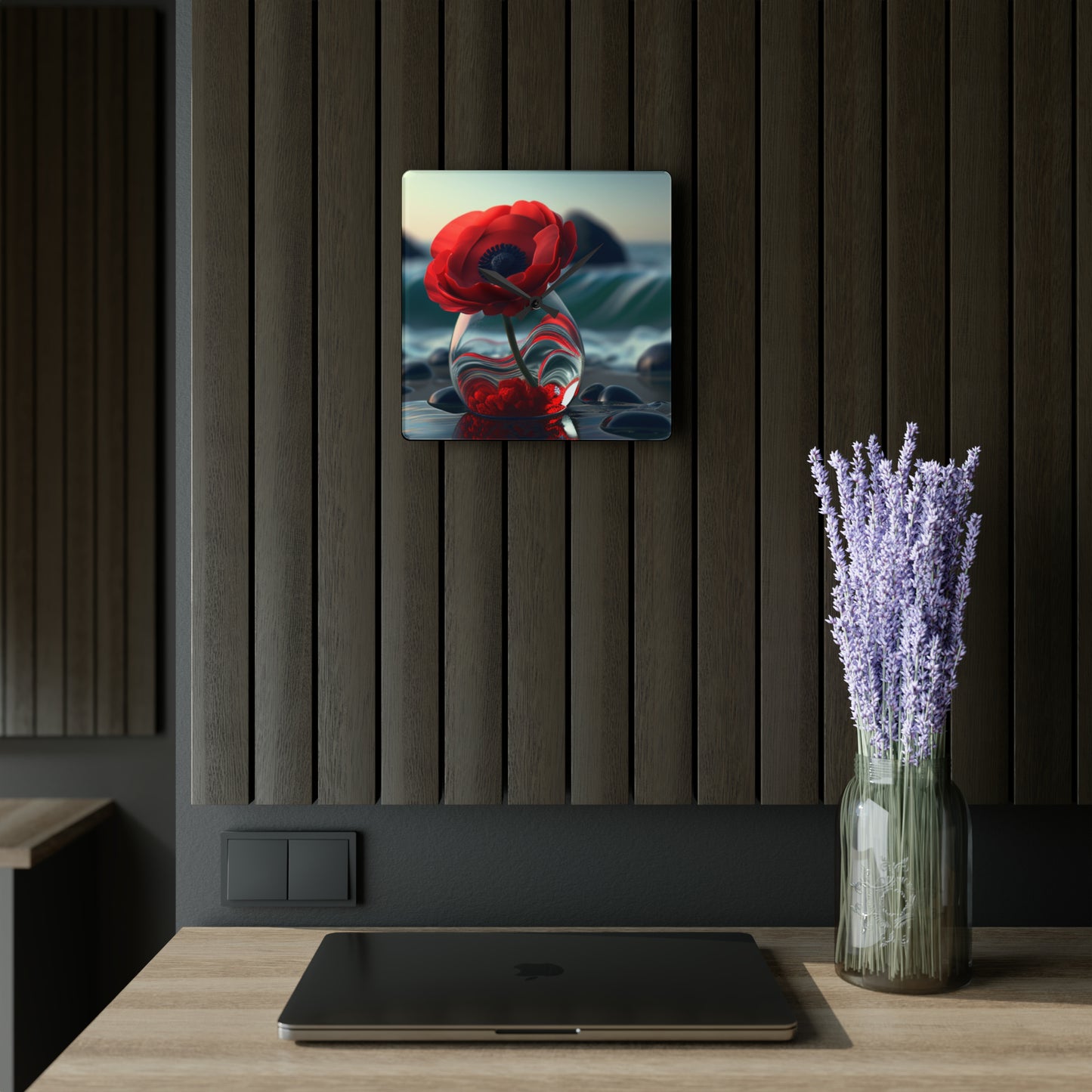 Acrylic Wall Clock Red Anemone in a Vase 1