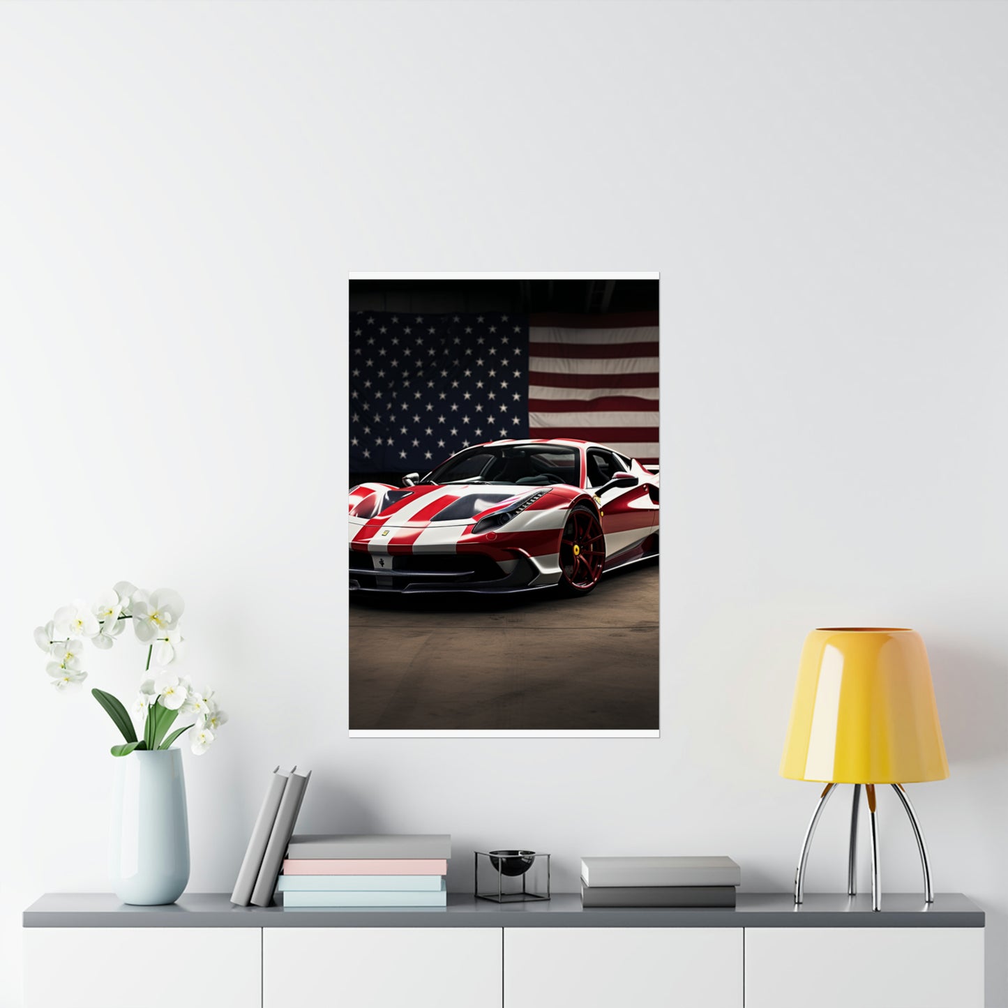 Premium Matte Vertical Posters American Flag Background Ferrari 2