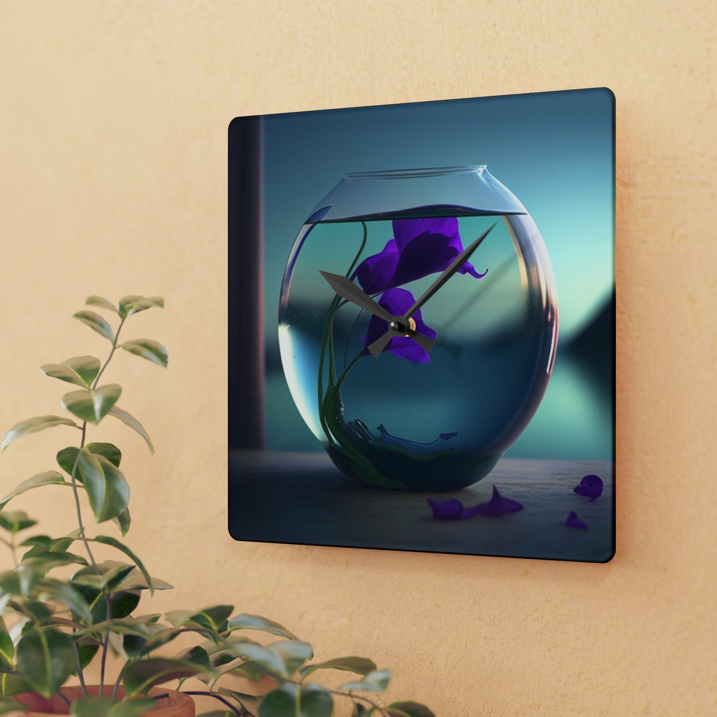 Acrylic Wall Clock Purple Sweet pea in a vase 2