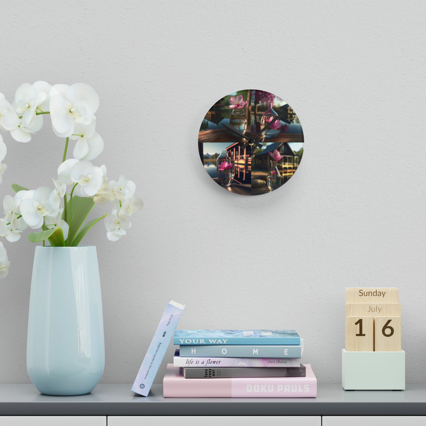 Acrylic Wall Clock Magnolia in a Glass vase 5