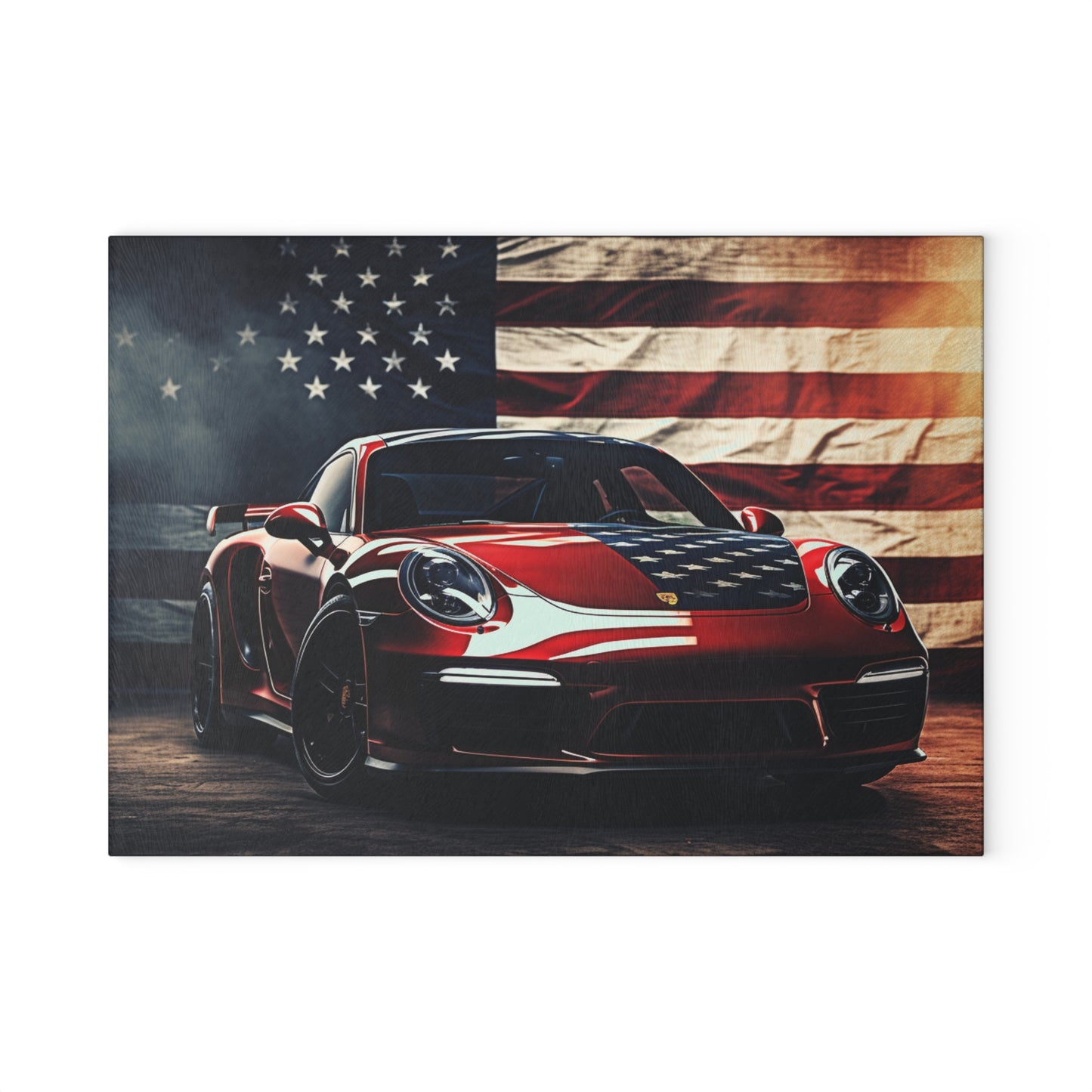 Glass Cutting Board American Flag Background Porsche 2