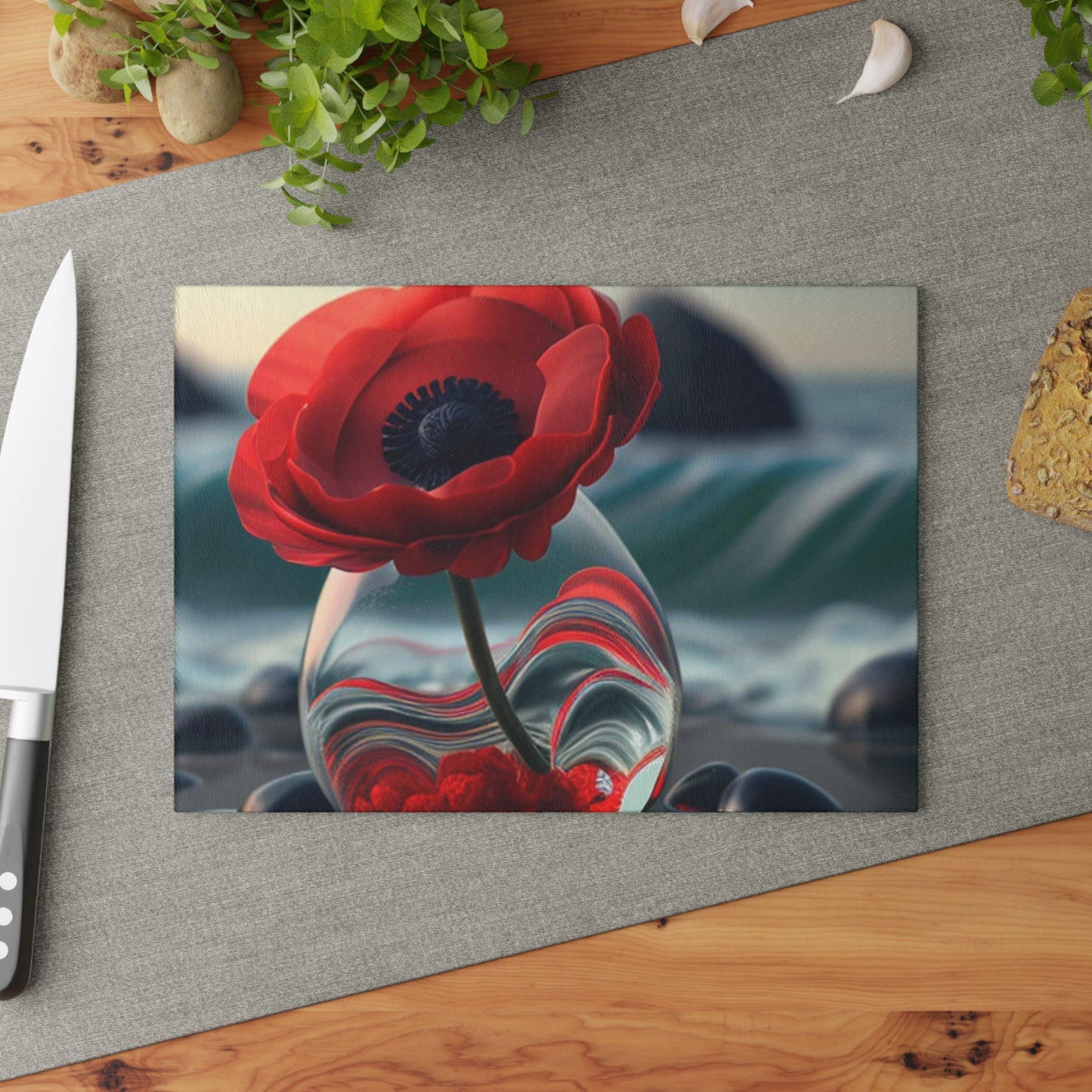 Glass Cutting Board Red Anemone in a Vase 1